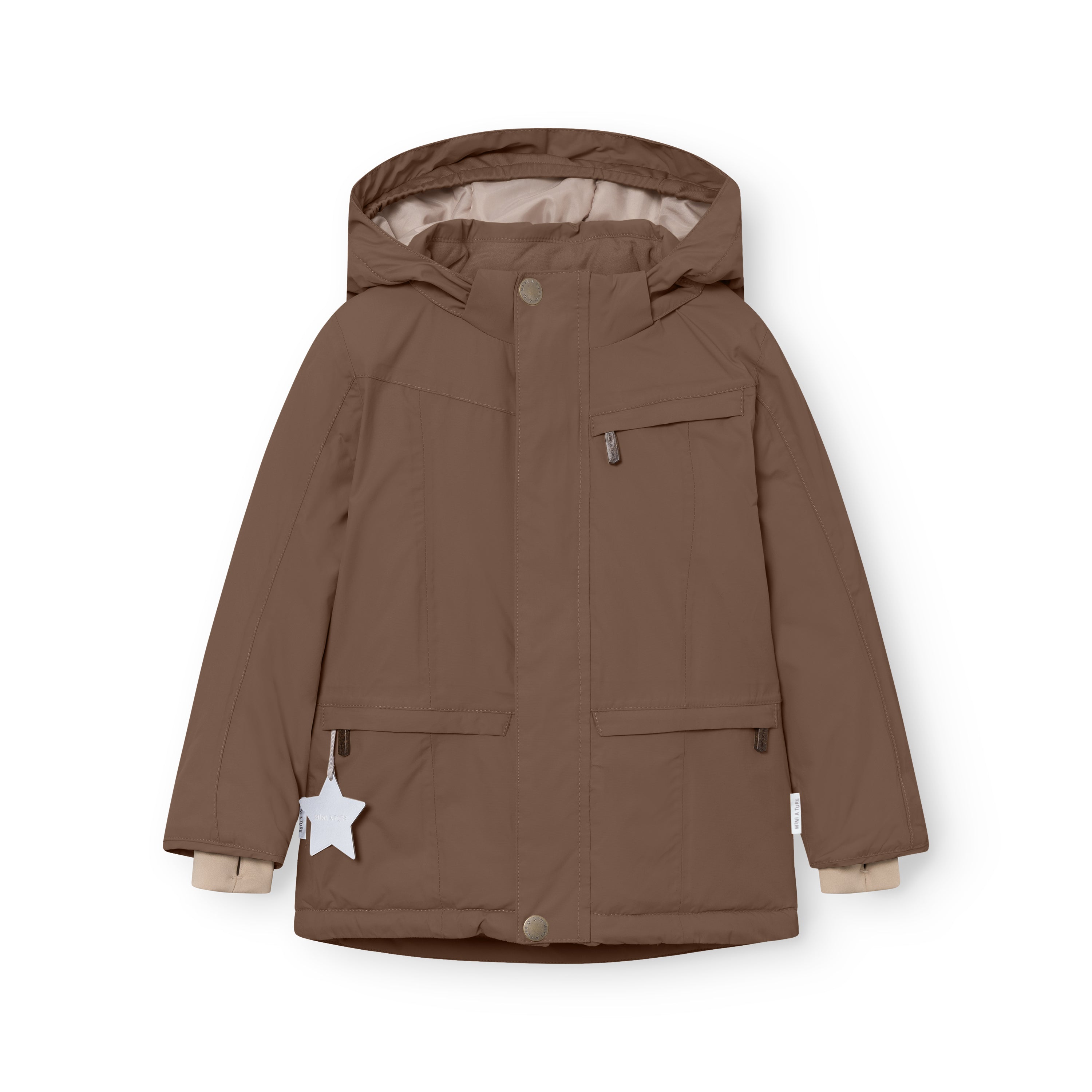 MATVESTYN winter jacket in taupe brown laid flat, showing the waterproof recycled polyamide shell, snap-button front closure, chest pocket with zip, front pockets with hidden zips, beige ribbed cuffs, and a white star reflector attached to the left pocket.