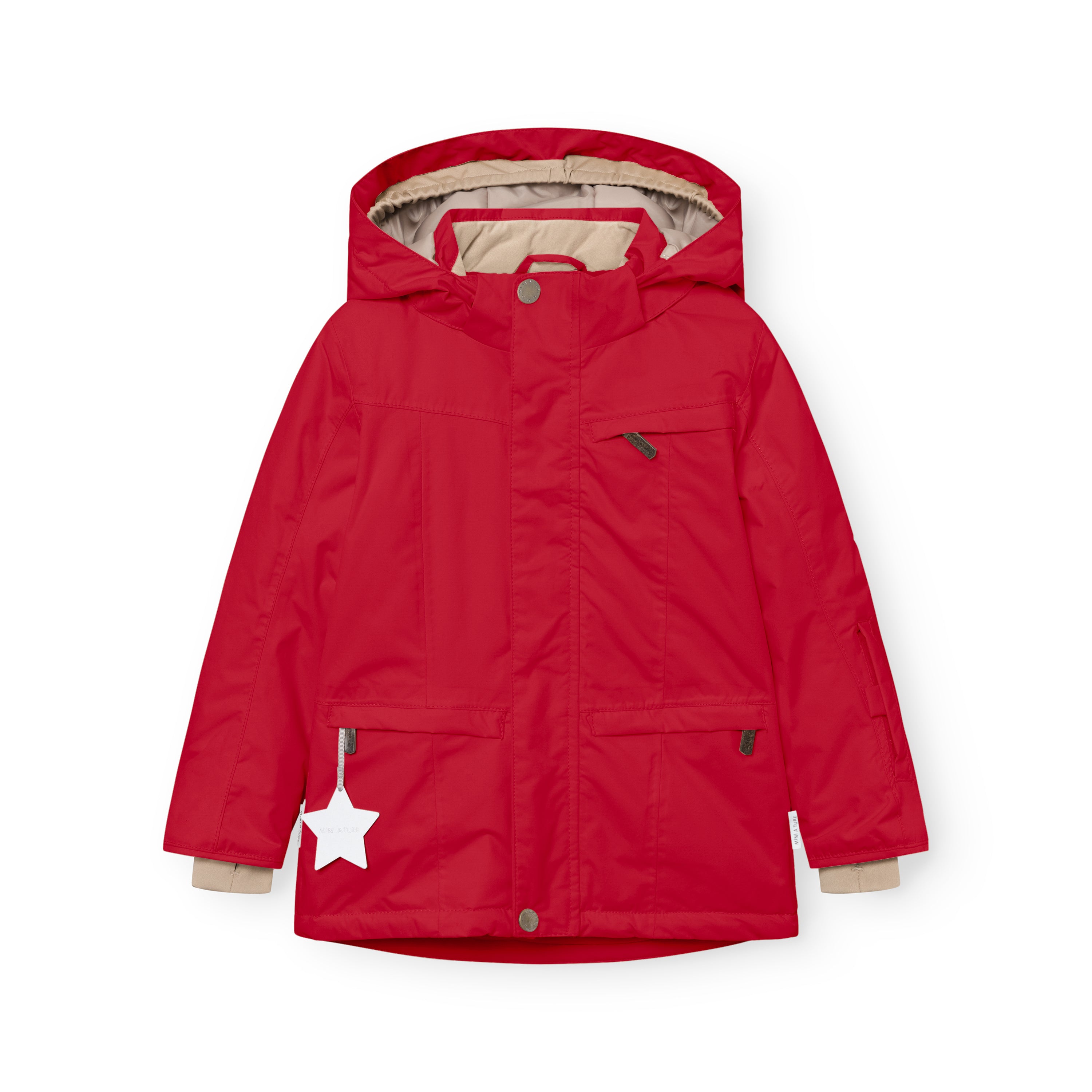 MATVESTYN winter jacket in bright red shown from the front, with a detachable hood featuring an internal wind trap, snap-button closure, chest pocket with zip, front pockets with hidden zips, beige ribbed cuffs, and a white star reflector hanging from the left pocket.