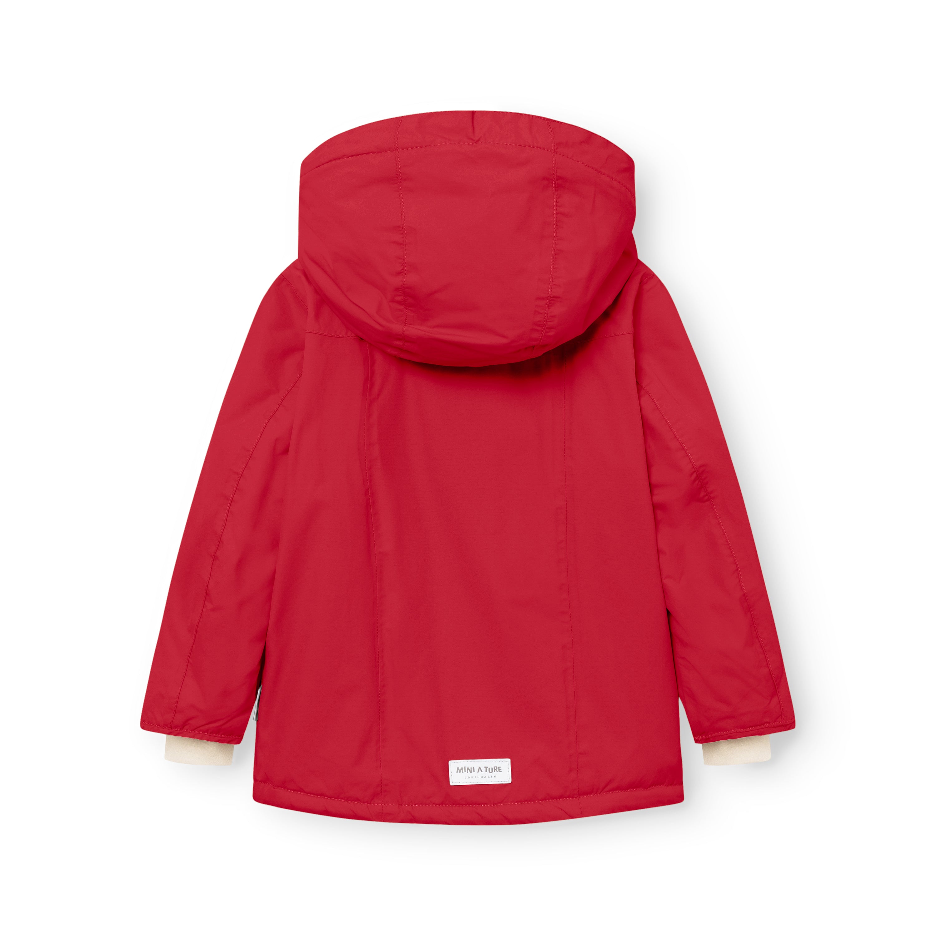 MATVESTYN winter jacket in bright red viewed from the back, showing the detachable hood, shaped sleeves for natural arm movement, and a white MINI A TURE label at the lower hem.