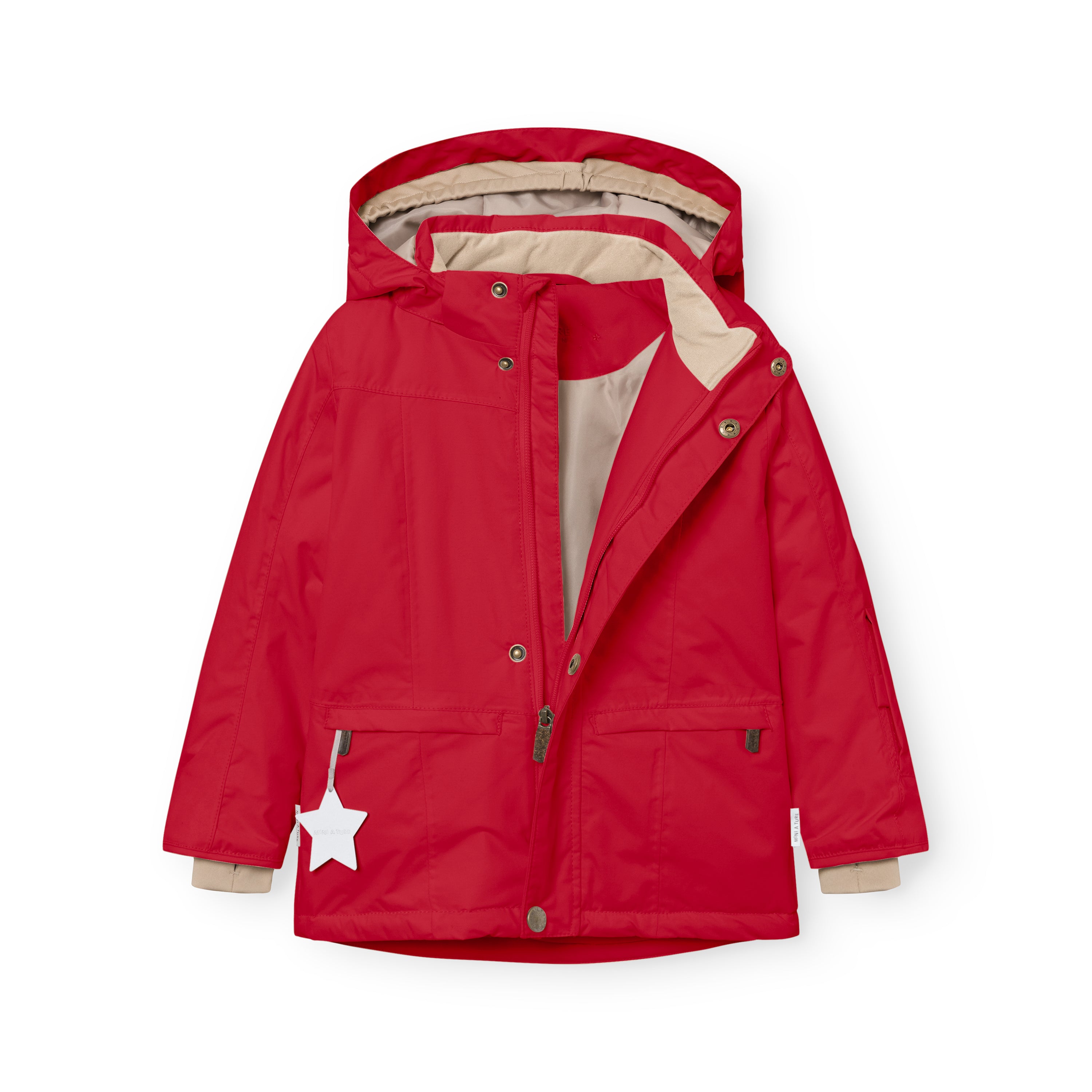 MATVESTYN winter jacket in bright red displayed open, revealing the light beige lining, THERMOLITE insulation, snap-button front closure, internal wind trap in the detachable hood, beige ribbed cuffs with snow cuffs and thumb openings, and a white star reflector hanging from the left pocket.