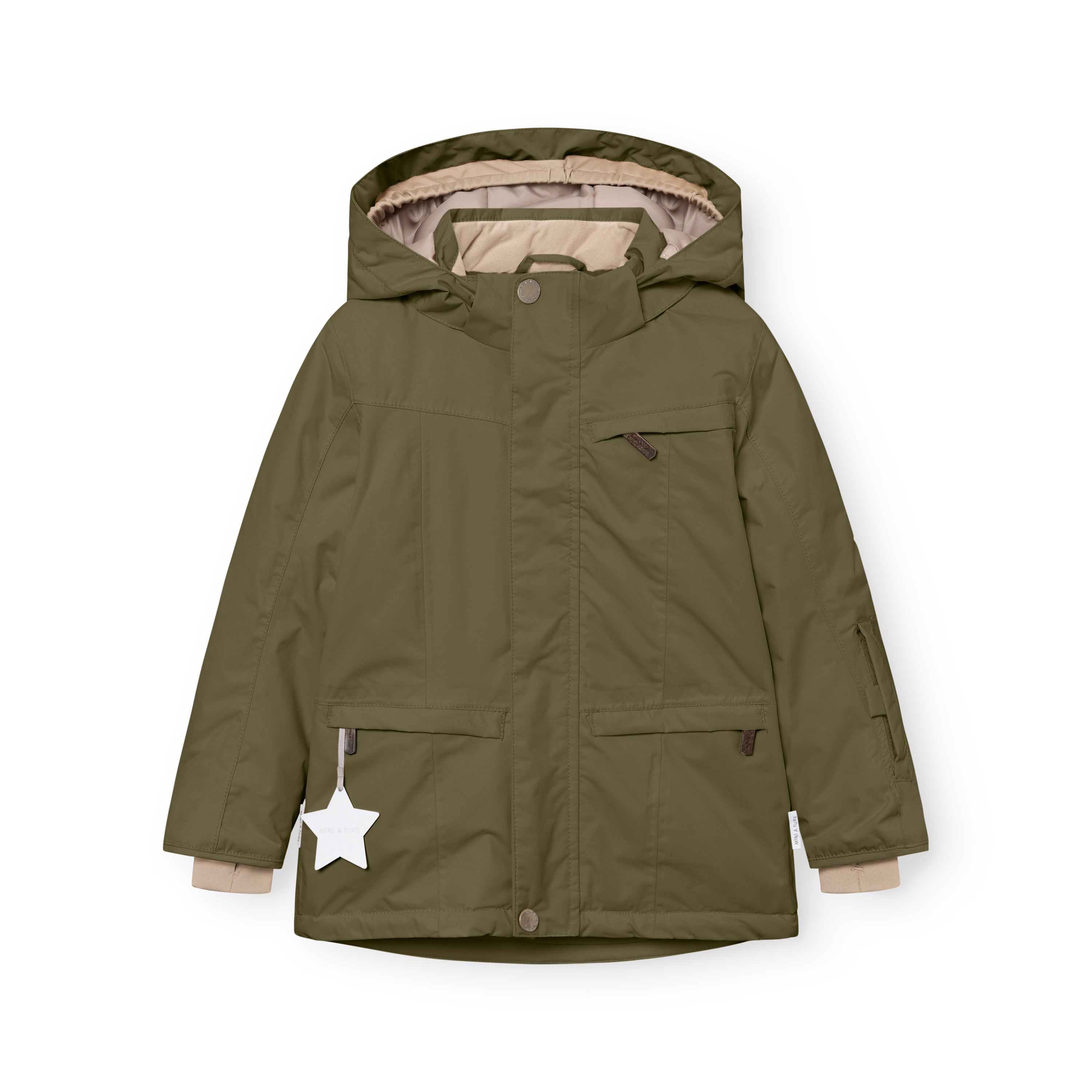 MATVESTYN winter jacket in olive green shown from the front, featuring a detachable hood with internal wind trap, snap-button closure, chest pocket with zip, front pockets with hidden zips, beige ribbed cuffs, and a white star reflector hanging from the left pocket.