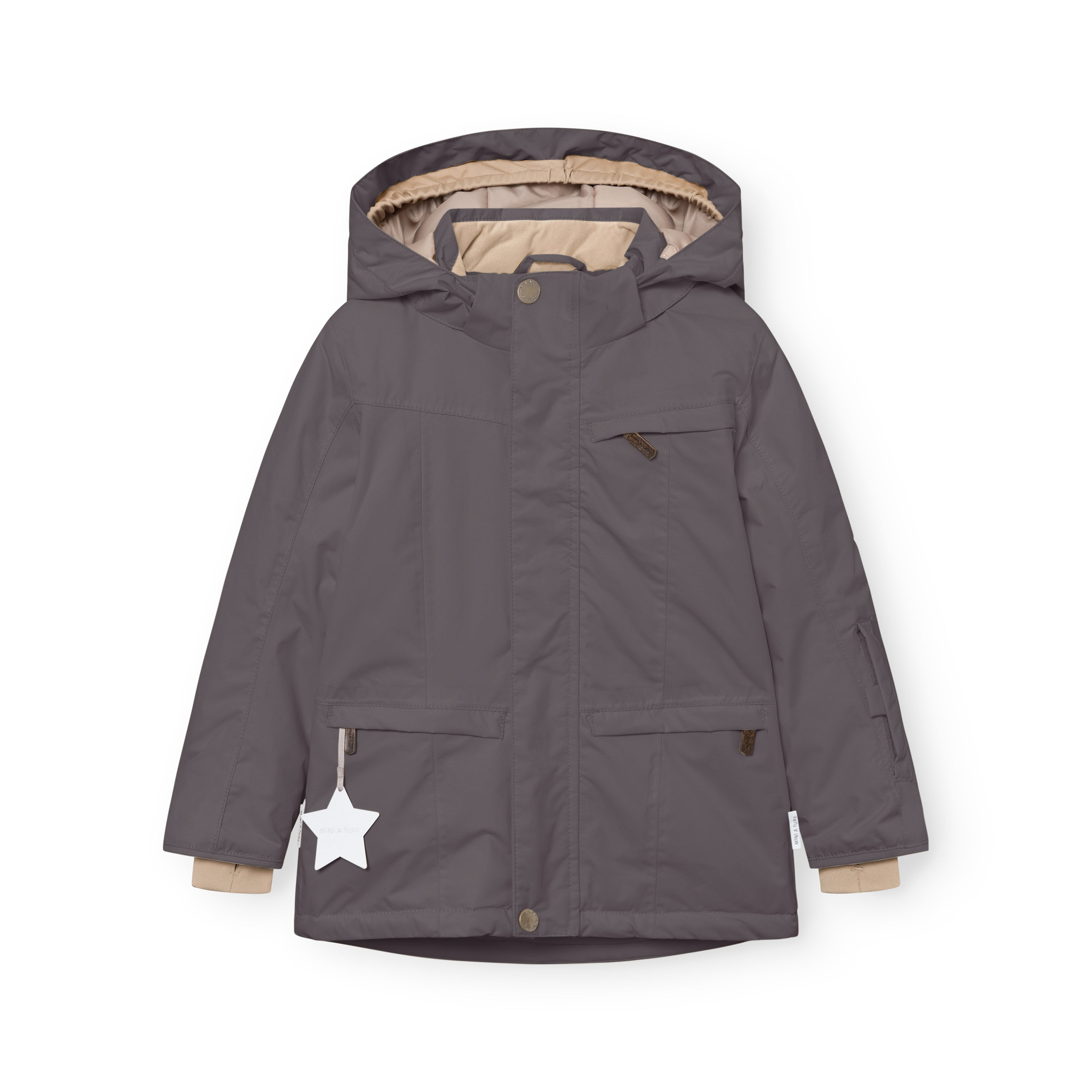 MATVESTYN winter jacket in charcoal grey shown from the front, featuring a detachable hood with internal wind trap, snap-button closure, chest pocket with zip, front pockets with hidden zips, beige ribbed cuffs, and a white star reflector hanging from the left pocket.
