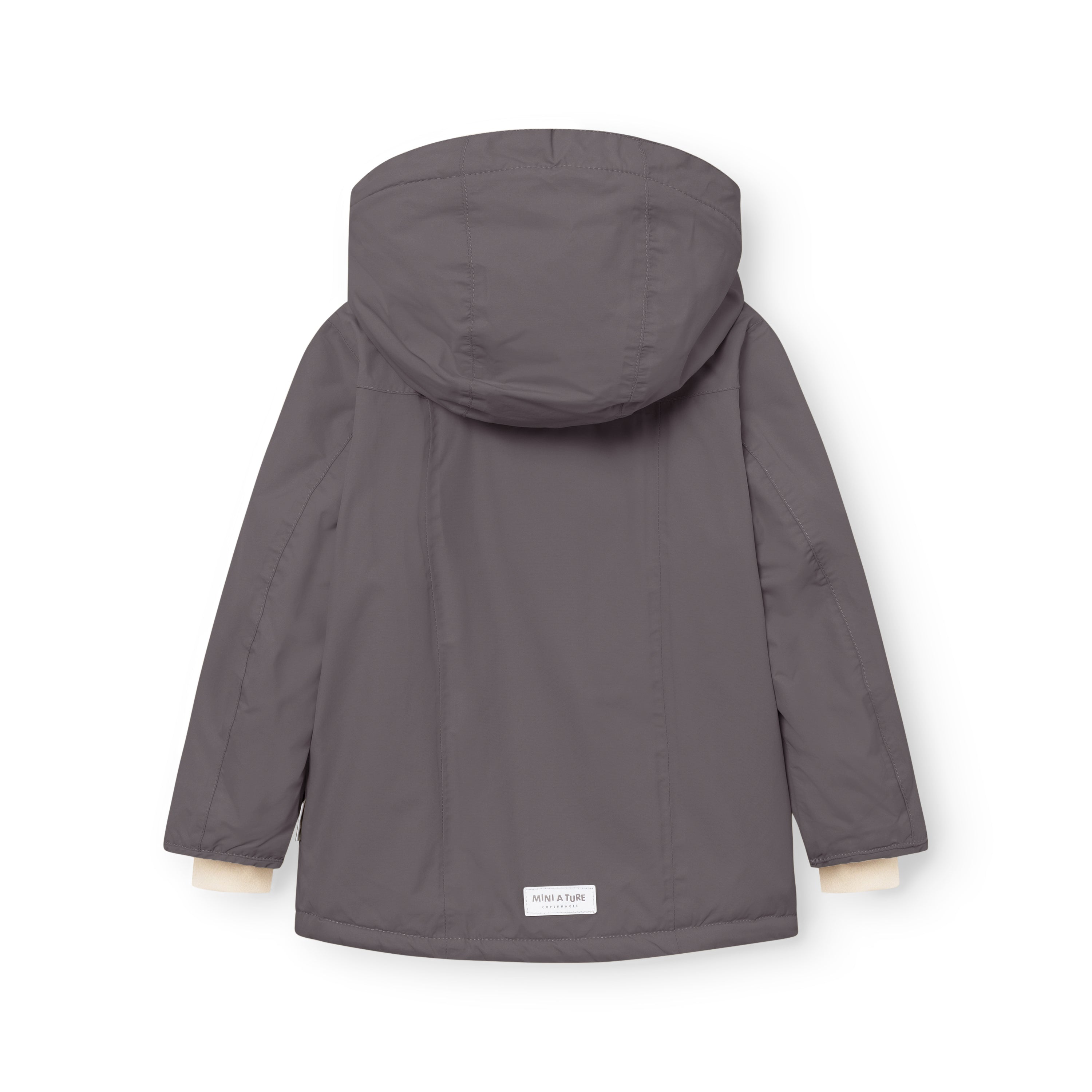 MATVESTYN winter jacket in charcoal grey viewed from the back, showing the detachable hood, shaped sleeves, and a white MINI A TURE label at the lower hem.