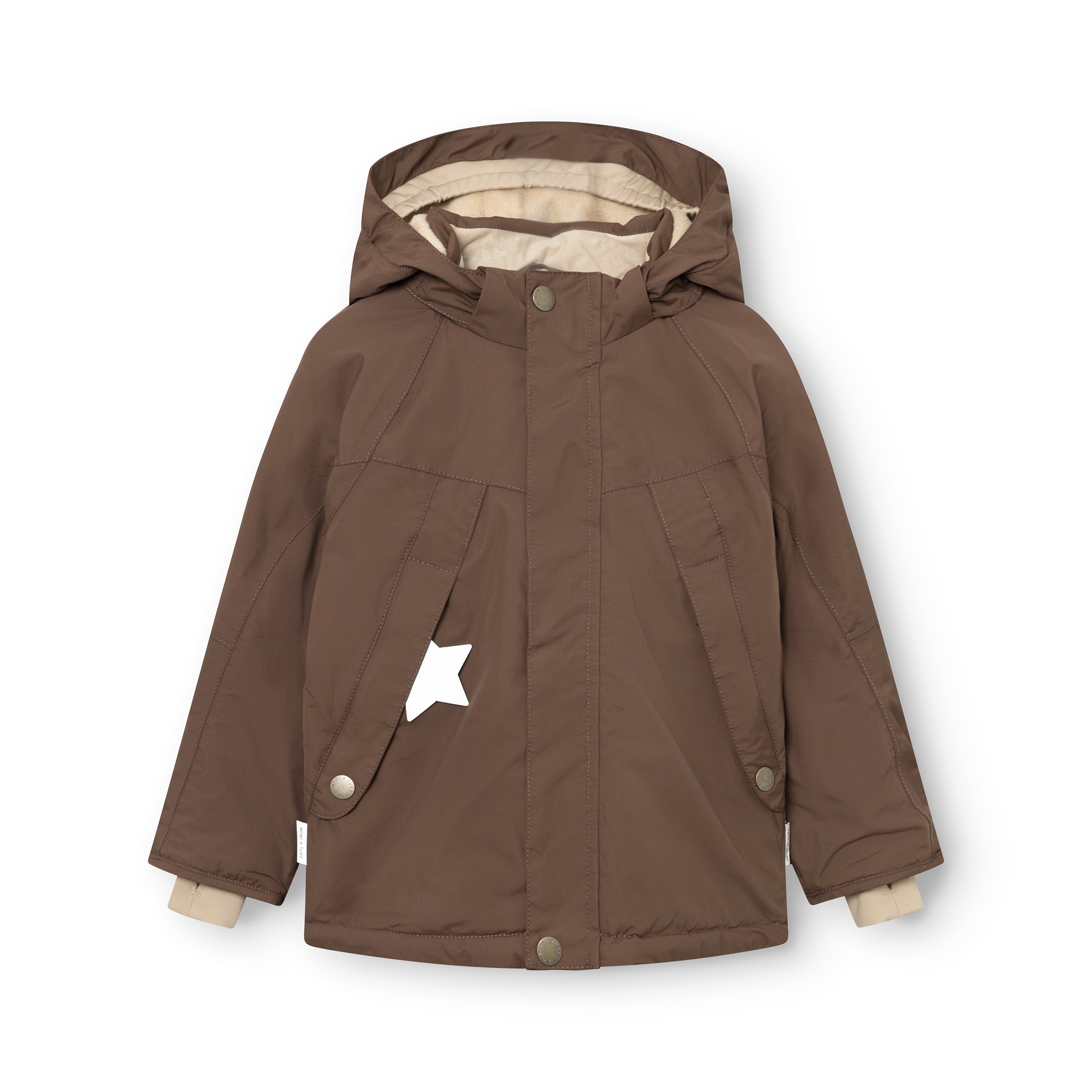 MATVALONSO boys' winter jacket in brown with the hood up and snap-button front closure fastened, displaying the beige fleece lining at the cuffs, white reflective star on the left oblique pocket and raglan sleeve construction with snow cuffs.