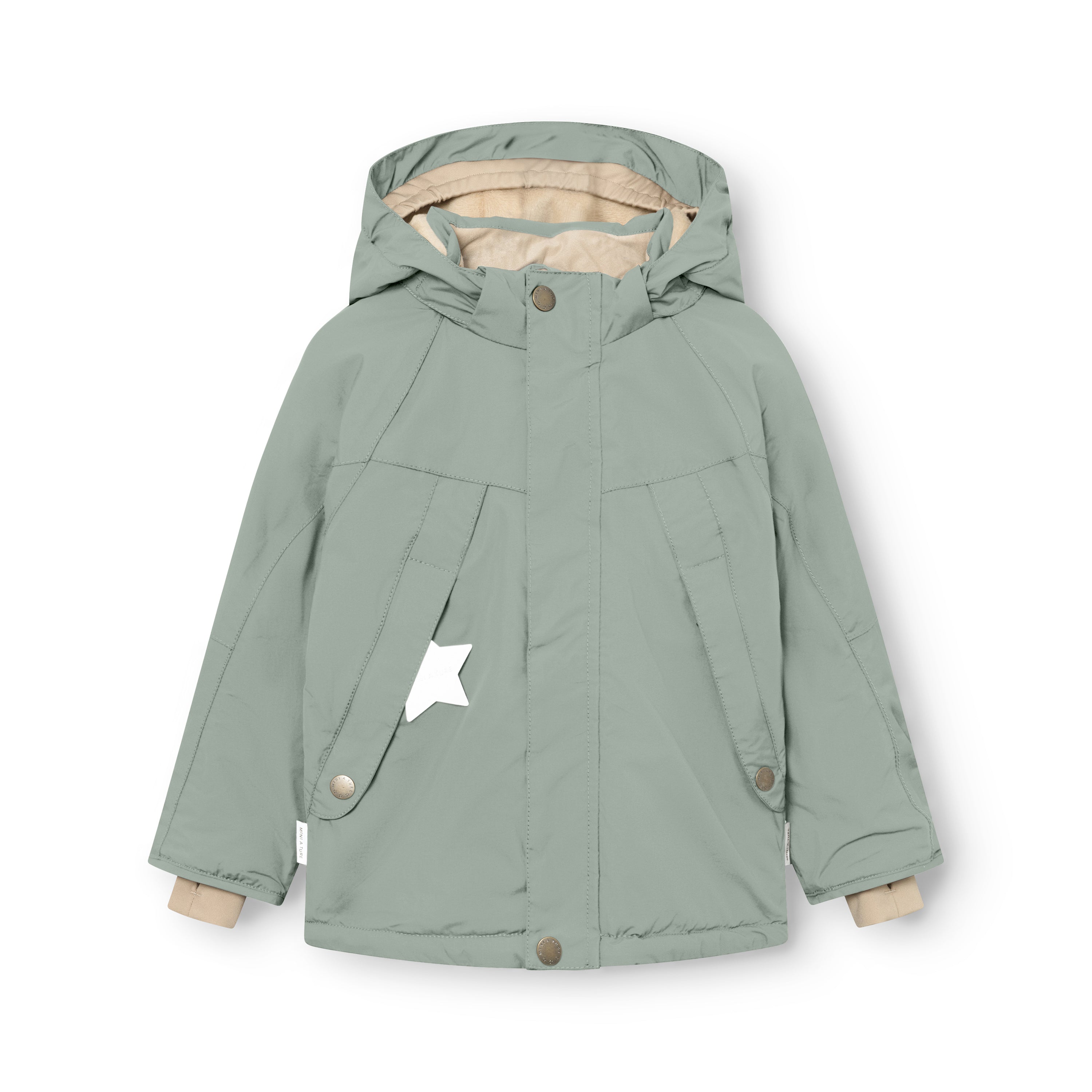 Close-up front view of MATVALONSO boys' fleece lined winter jacket in olive green, showing the hidden centre-front zip closure, snap-button detachable hood, soft beige fleece lining visible at the collar, oblique front pockets with snap fastenings, white reflective star detail and snow cuffs at the wrists.