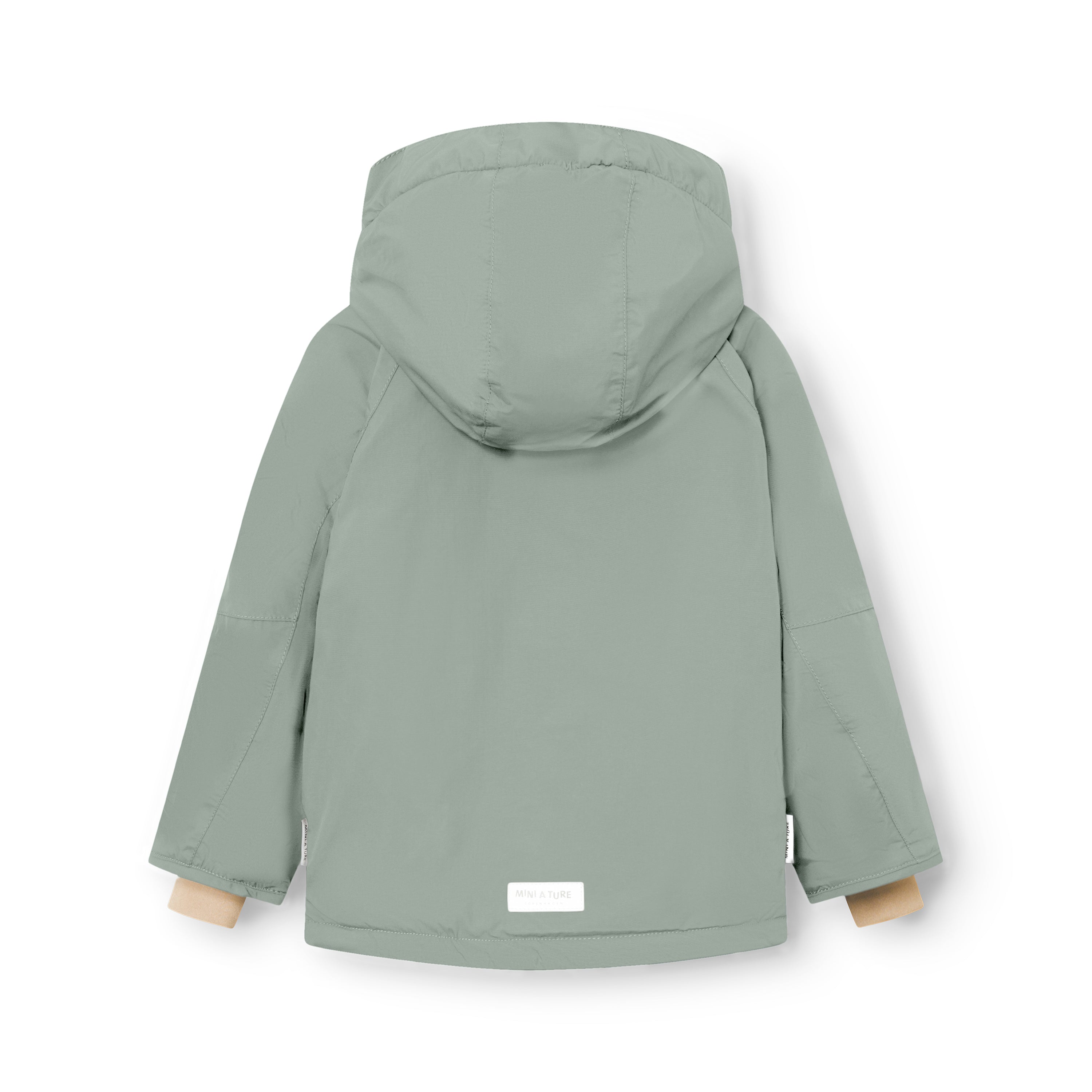 Rear view of MATVALONSO boys' fleece lined winter jacket in sage green, displaying the detachable hood with snap-button fastening, shaped sleeve construction, white reflective MINI A TURE logo label at the lower hem and windproof recycled polyamide outer shell.
