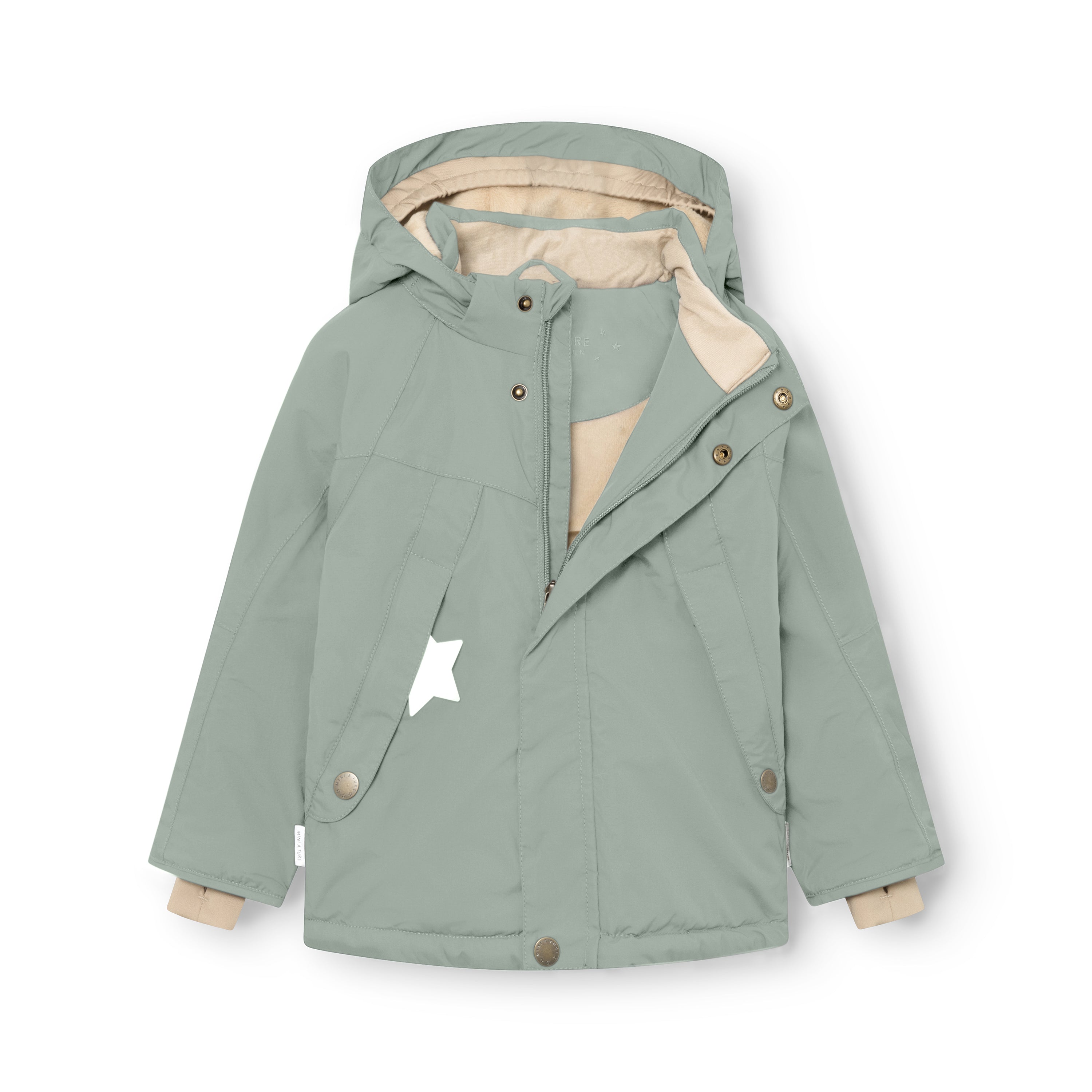 MATVALONSO boys' winter jacket in sage green with the hood and centre-front zip partially open, revealing the beige fleece lining, adjustable internal waist and THERMOLITE insulation construction.