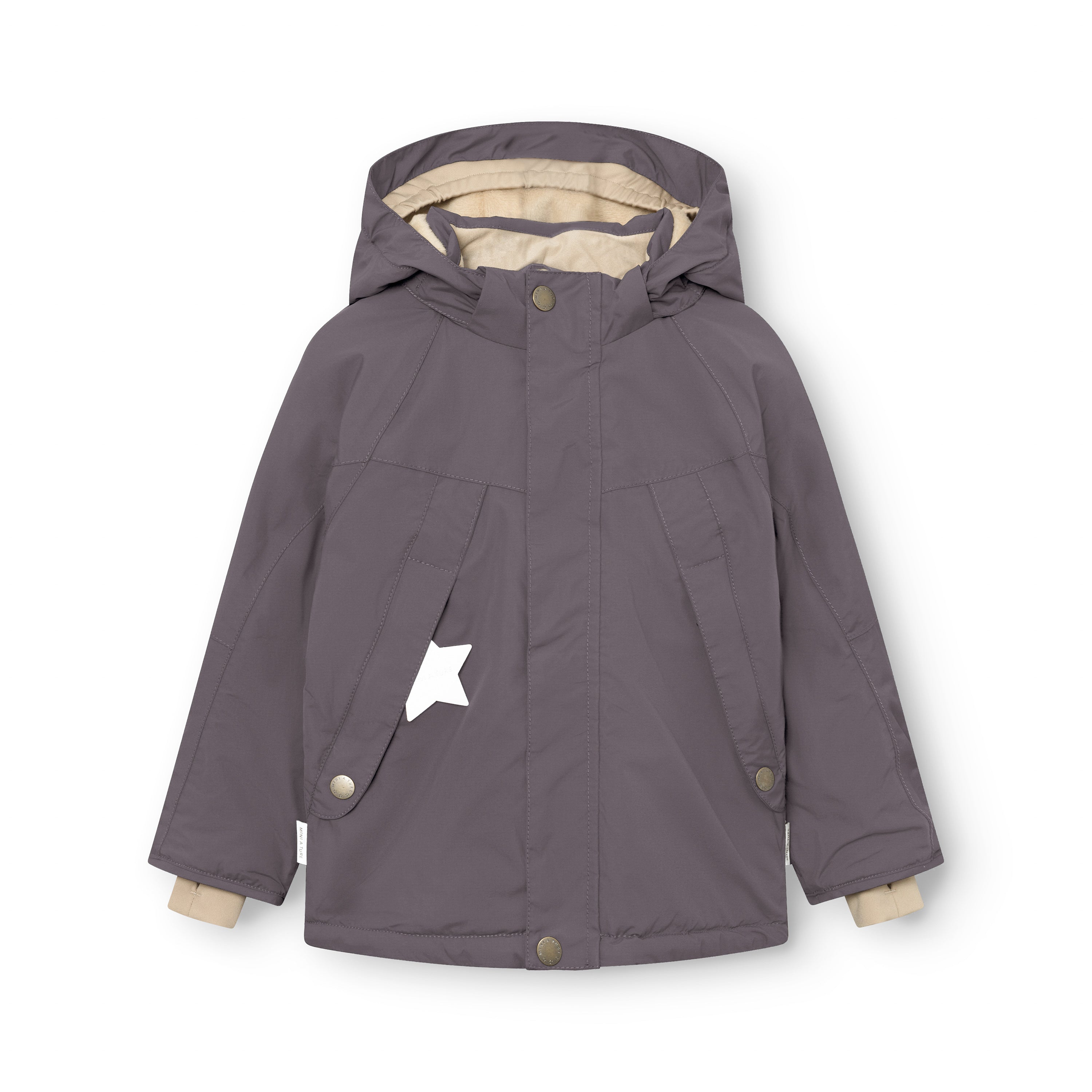 MATVALONSO boys' winter jacket in slate grey with the hood up, showing the snap-button fastening at the centre front, beige fleece lining visible at the cuffs, white reflective star on the left chest pocket and shaped sleeve construction with snow cuffs.