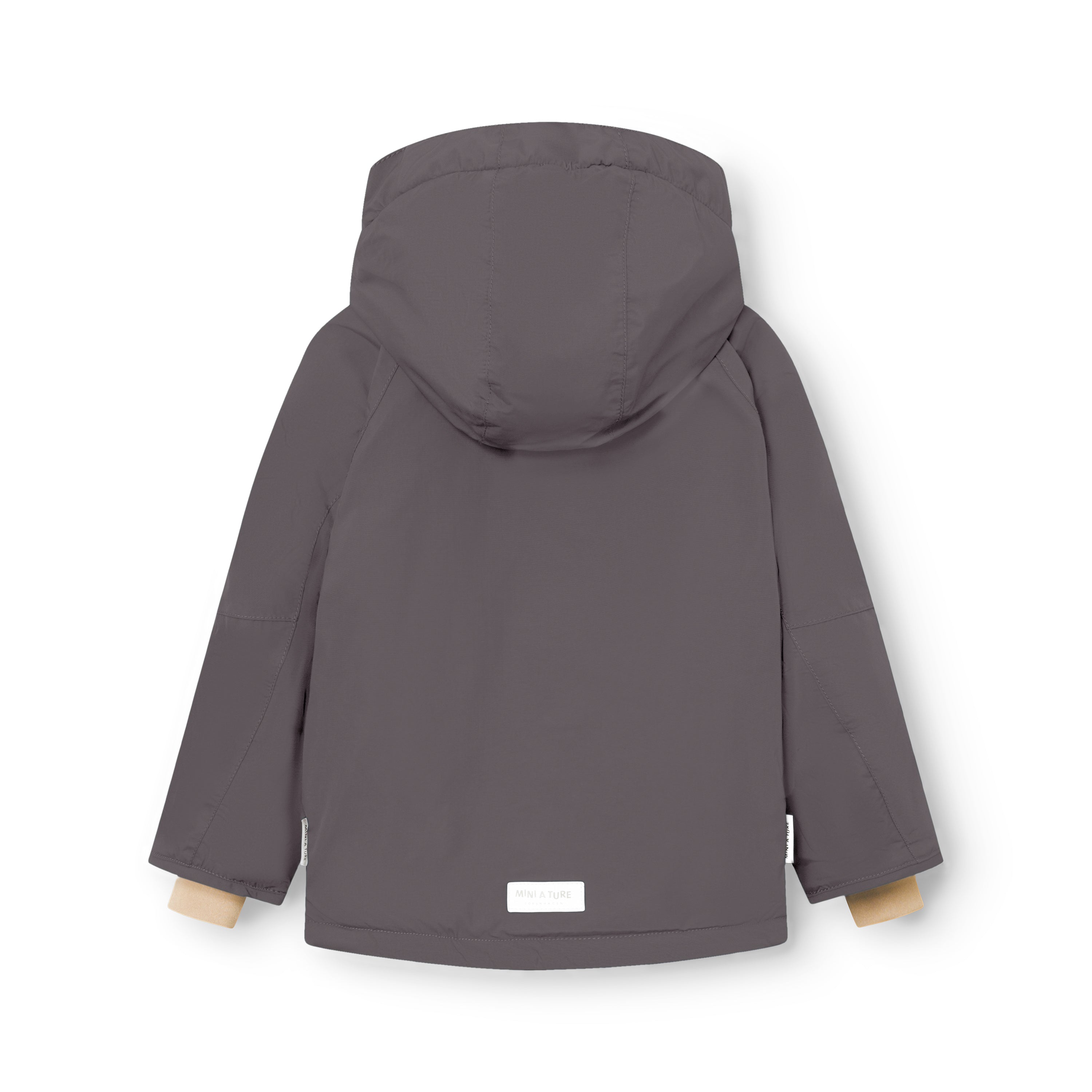 Rear view of MATVALONSO boys' fleece lined winter jacket in charcoal grey, showing the detachable hood with snap-button fastening, shaped raglan sleeves, white MINI A TURE logo label at the lower back and waterproof recycled polyamide shell with fully taped seams.