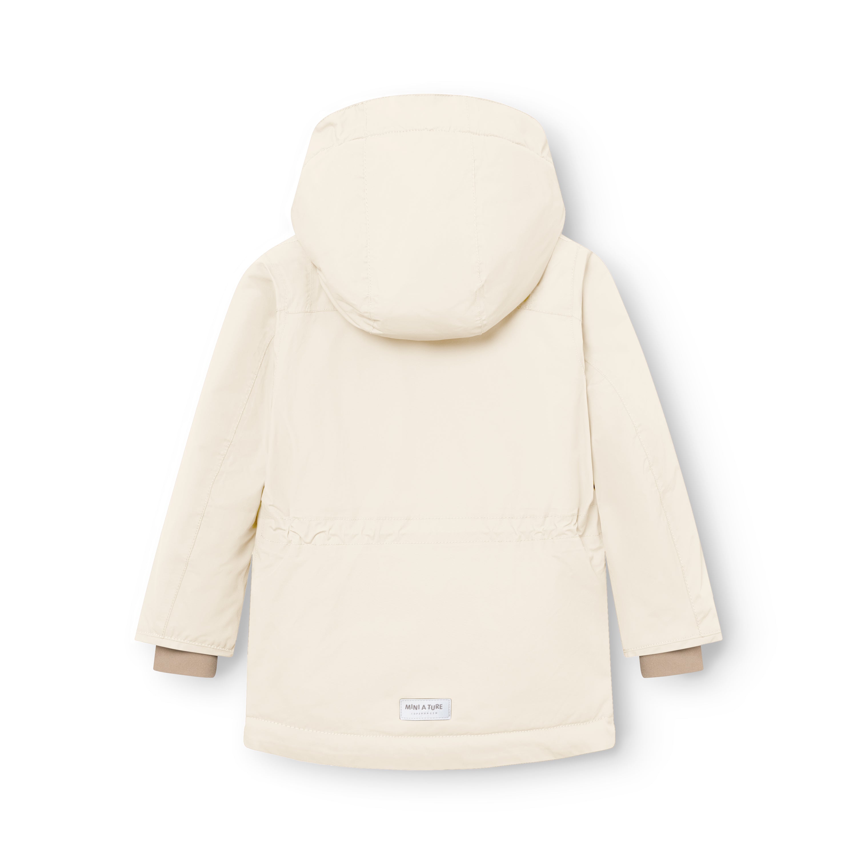 Cream MATKASTORIO fleece lined winter jacket viewed from the rear with detachable hood in place, showing the parka-length silhouette, horizontal seam dividing the upper fleece-lined section from the Sorona Aura padded lower section, beige fleece visible at the cuffs, and white MINI A TURE woven label at the lower back hem.