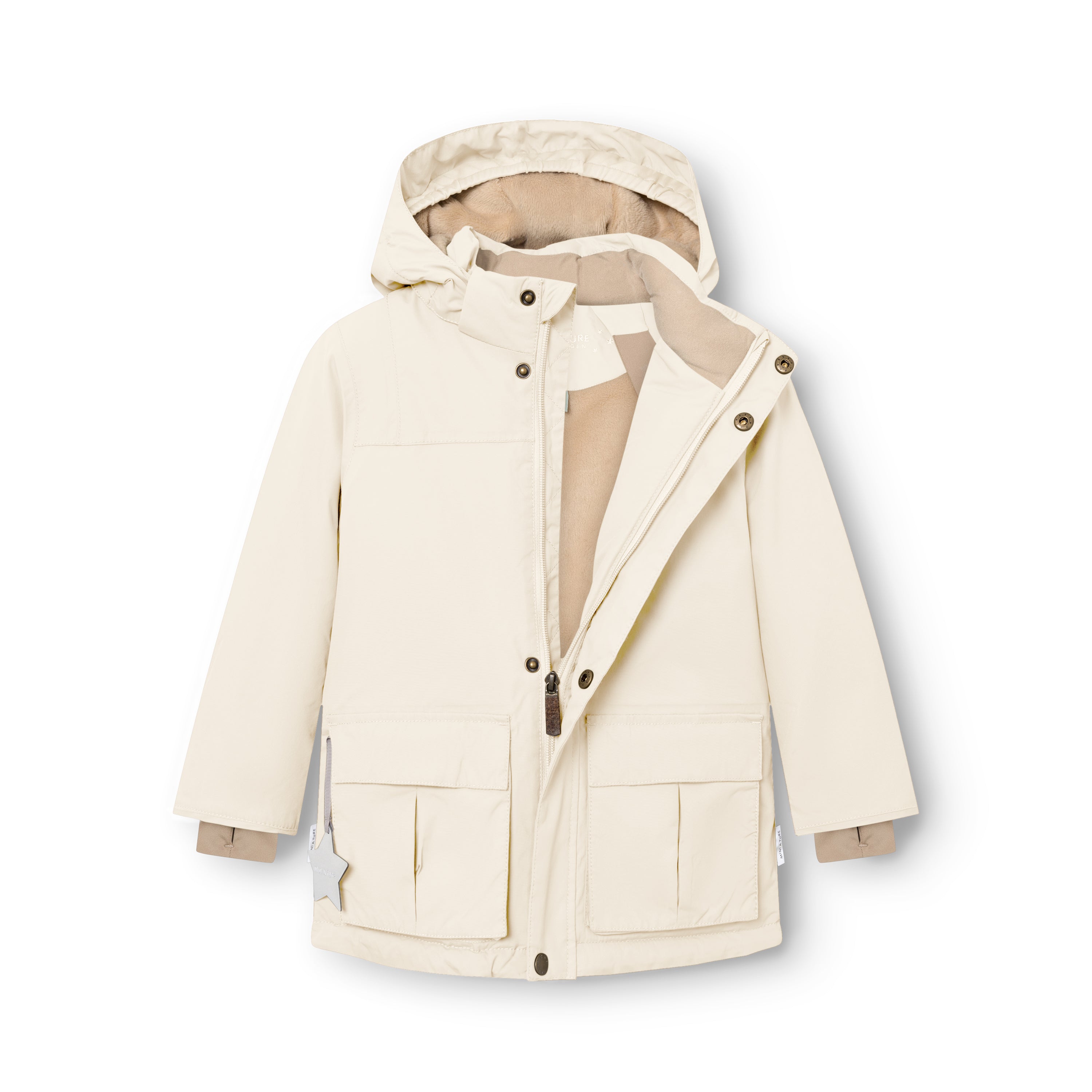 Cream MATKASTORIO fleece lined winter jacket shown with front zip and snap-button placket partially open, displaying the beige fleece-lined hood and upper interior, beige snow cuffs visible at the wrists, large cargo-style flap pockets at the lower front, and white reflective star detail hanging from the right pocket.