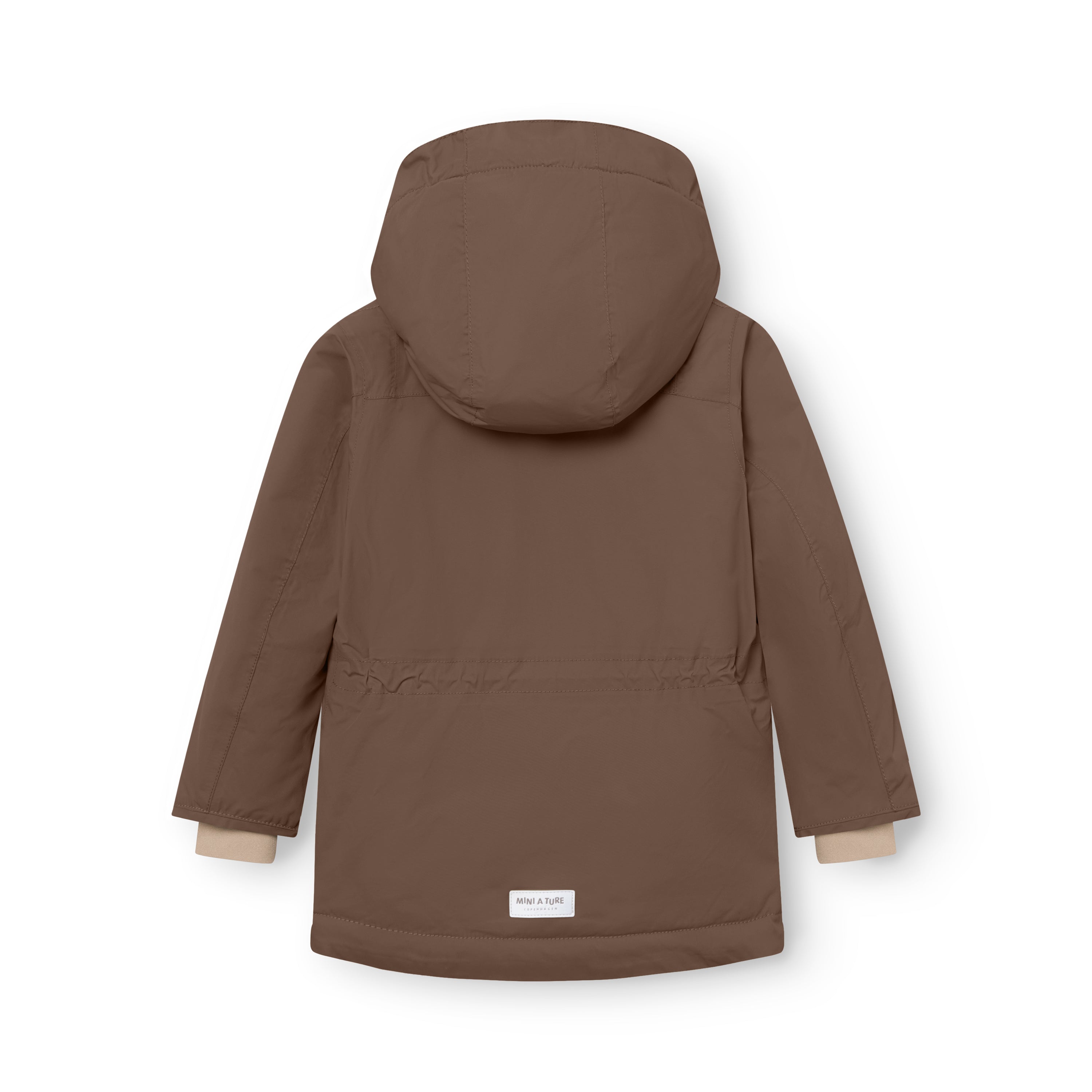 Caramel brown MATKASTORIO fleece lined winter jacket viewed from the rear with hood attached, showing the extended parka-length silhouette, horizontal seam dividing the upper fleece-lined section from the Sorona Aura padded lower section, beige fleece lining visible at the cuffs, and white MINI A TURE woven label at the lower back hem.