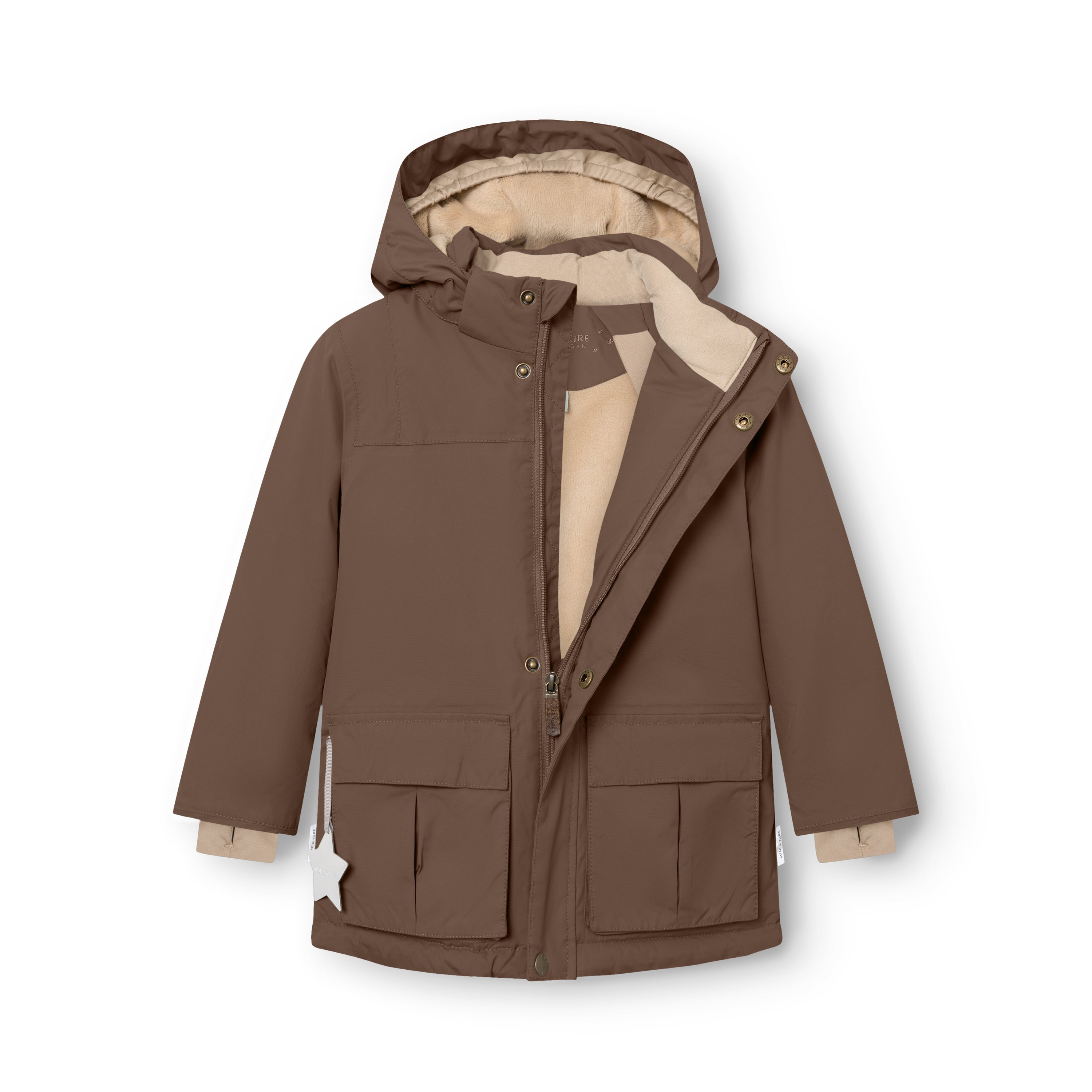 Caramel brown MATKASTORIO fleece lined winter jacket shown with front zip and snap-button placket open, revealing the beige fleece-lined upper interior, beige snow cuffs with thumb openings at the wrists, and white reflective star detail hanging from the right pocket.