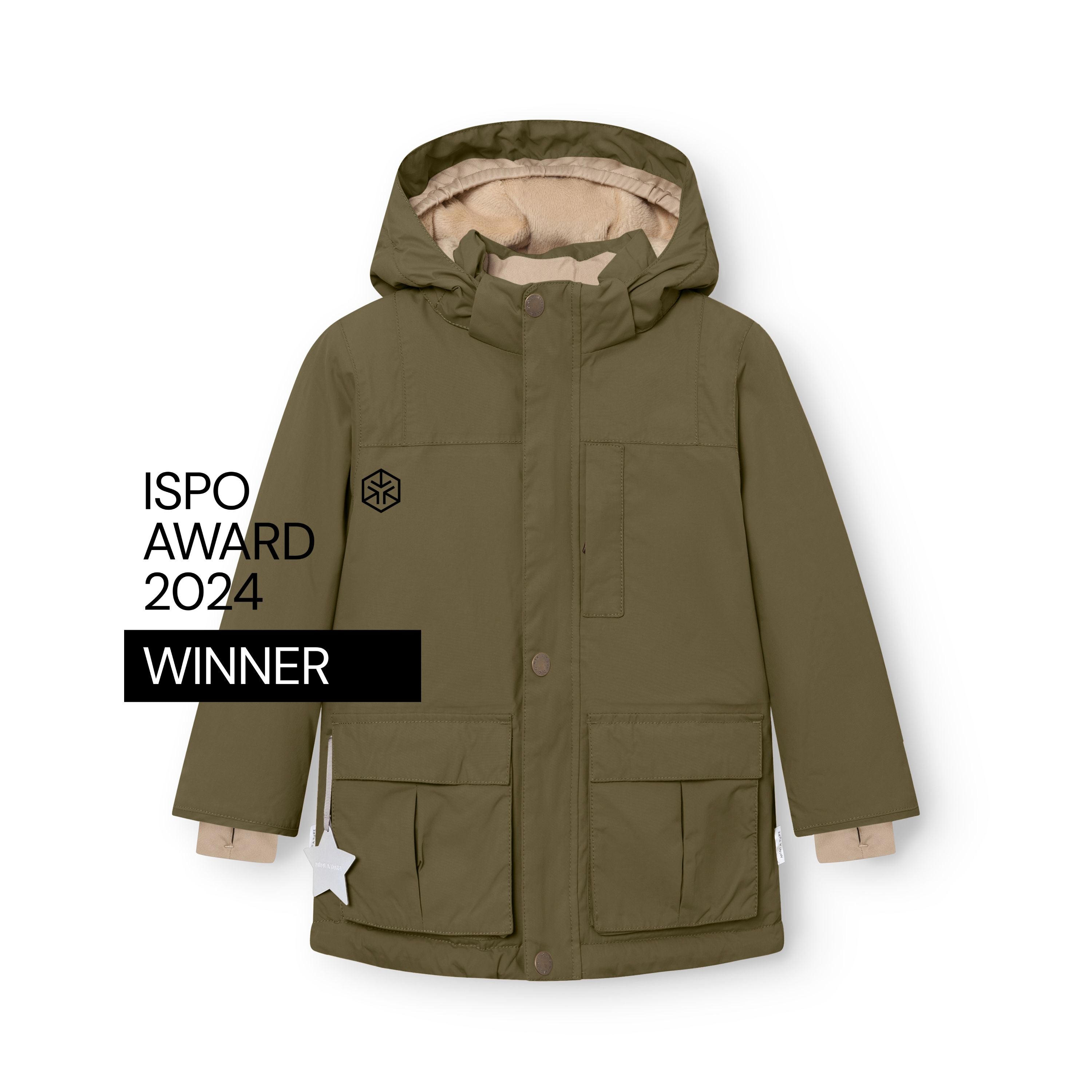 MATKASTORIO fleece lined winter jacket in olive green with detachable hood, front pockets with magnetic closures, snow cuffs visible at the wrists, and ISPO Award 2024 Winner badge displayed on the front.