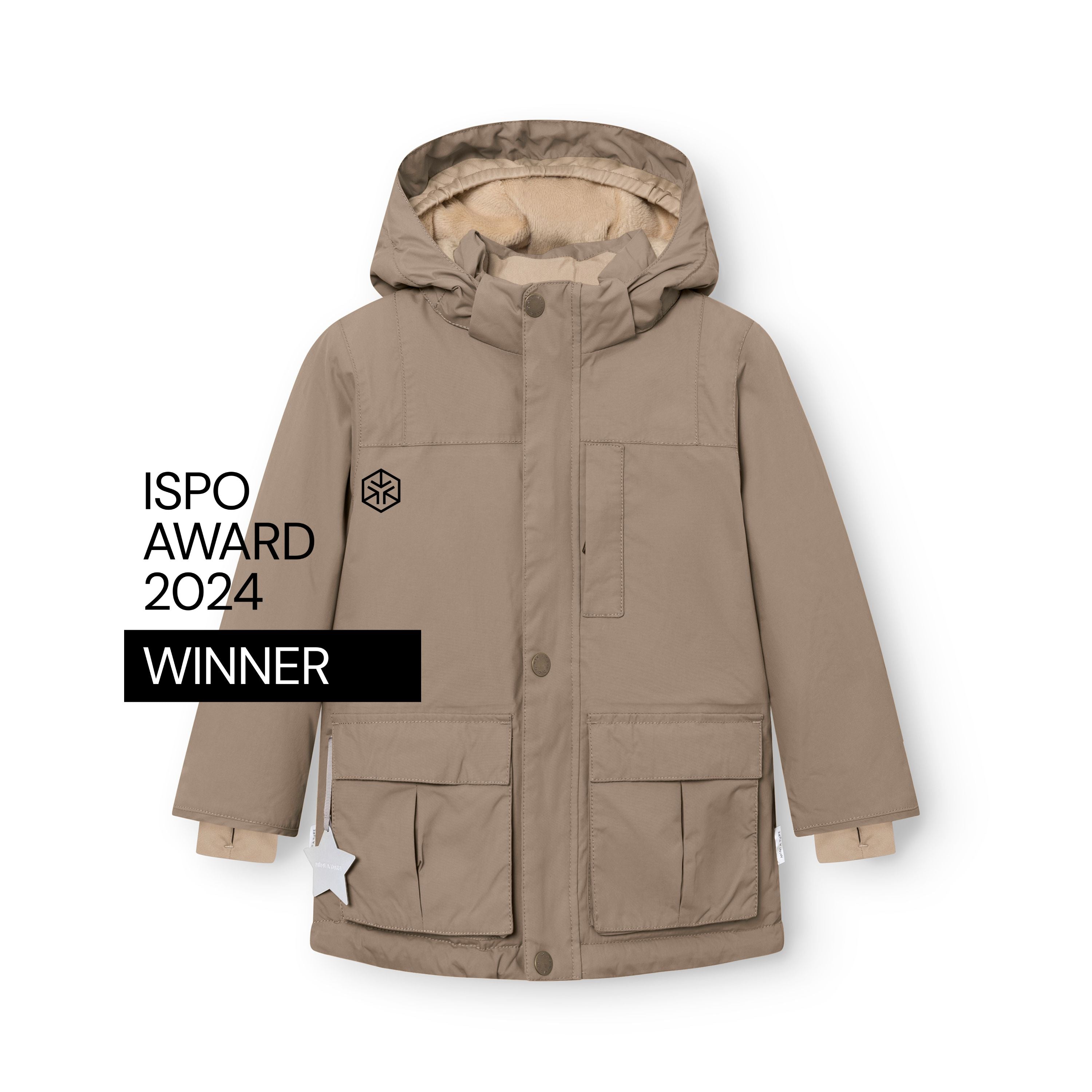 Taupe MATKASTORIO fleece lined winter jacket presented from the front with hood attached, displaying snap-button front closure, large cargo-style flap pockets, beige fleece lining visible inside the hood and at the cuffs, white reflective star detail on the right pocket, and ISPO Award 2024 Winner badge on the left chest.
