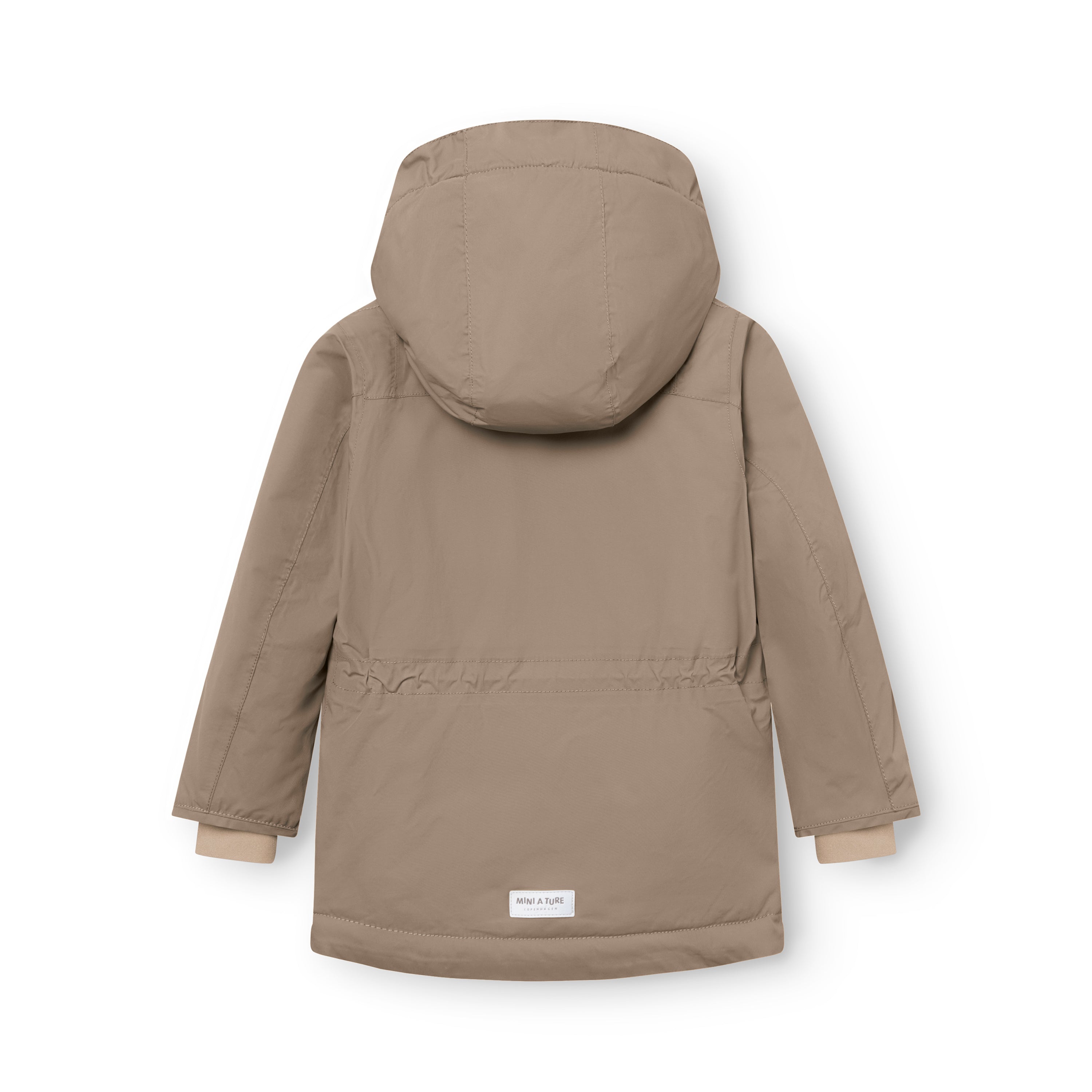 Taupe MATKASTORIO fleece lined winter jacket viewed from the rear with hood up, showing the extended parka-length silhouette, horizontal seam dividing the upper fleece-lined section from the Sorona Aura padded lower section, beige fleece lining visible at the cuffs, and white MINI A TURE woven label at the lower back hem.