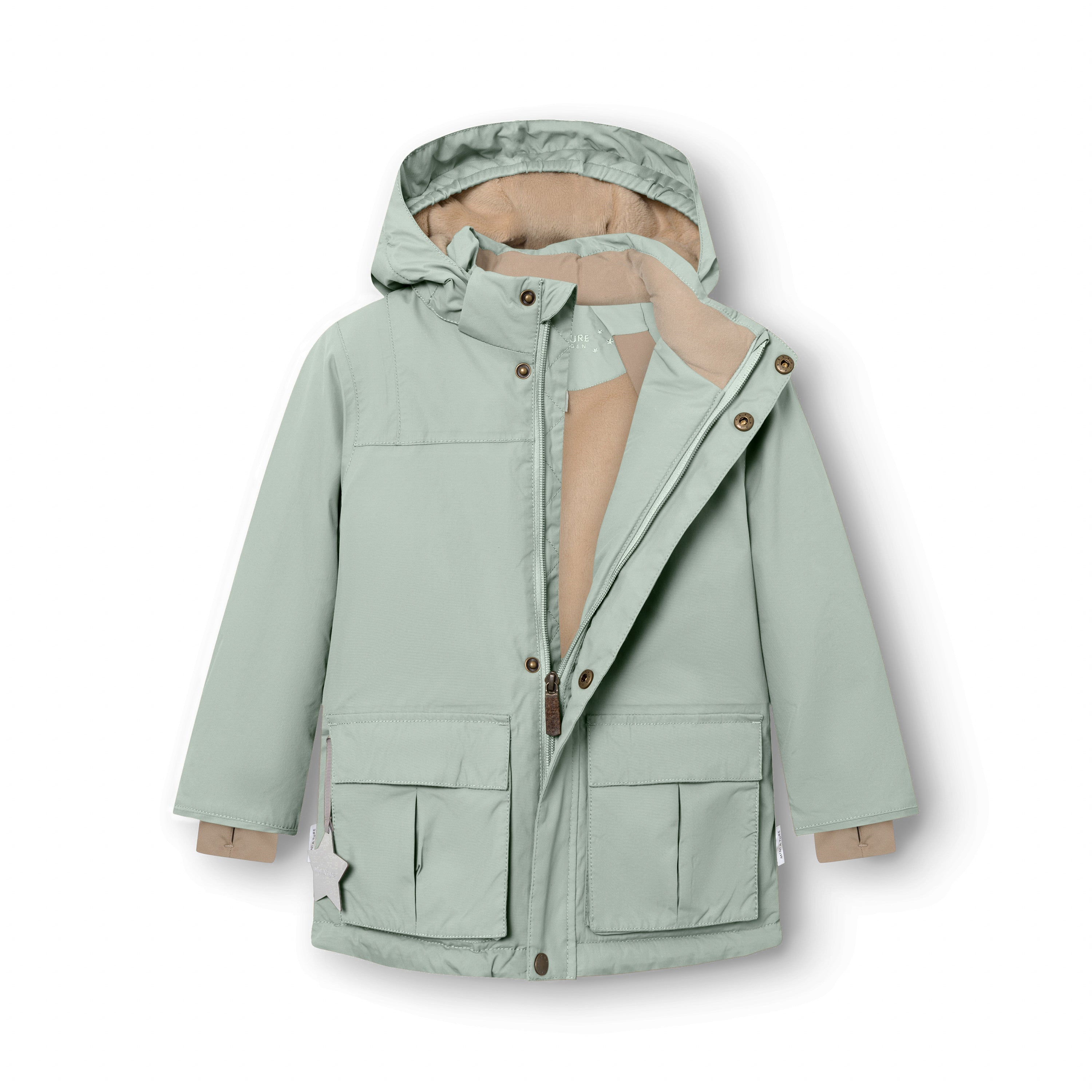 Sage green MATKASTORIO fleece lined winter jacket displayed flat with hood attached and front zip partially open, revealing the beige fleece lining inside the upper section, large cargo-style flap pockets at the front, and white reflective star detail hanging from the right pocket.