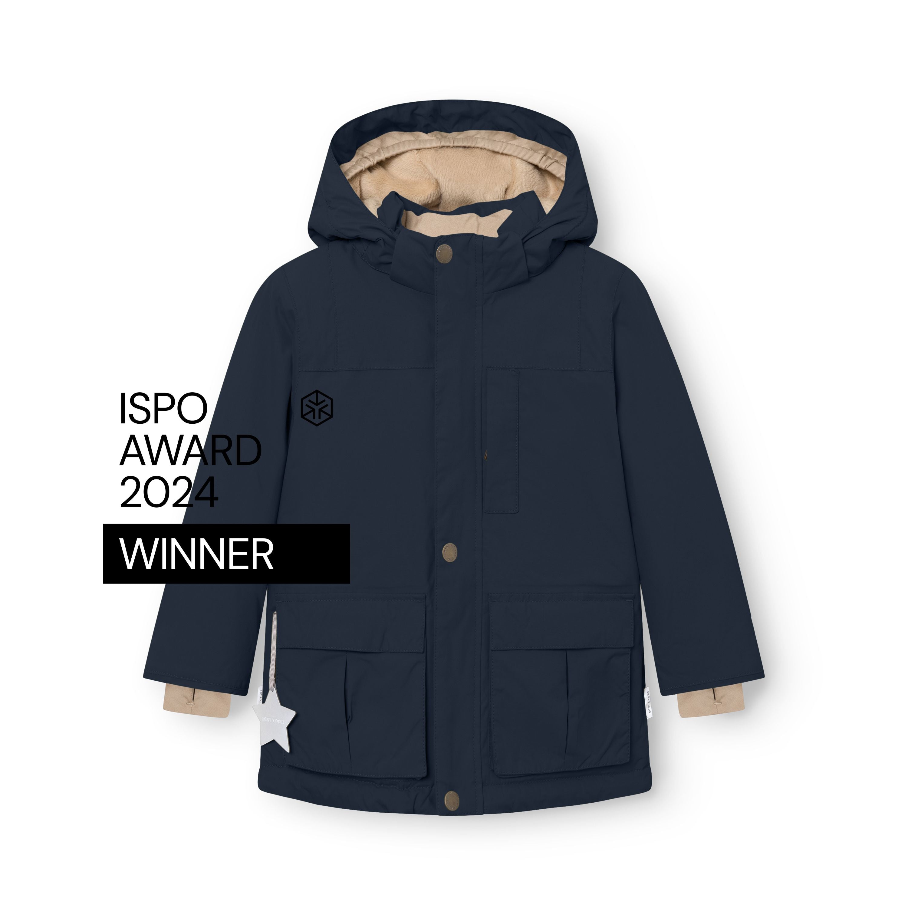 Close-up of MATKASTORIO fleece lined winter jacket in navy blue showing the detachable hood with beige fleece lining visible at the collar, front snap-button closure, large flap pockets, and ISPO Award 2024 Winner badge on the left chest.