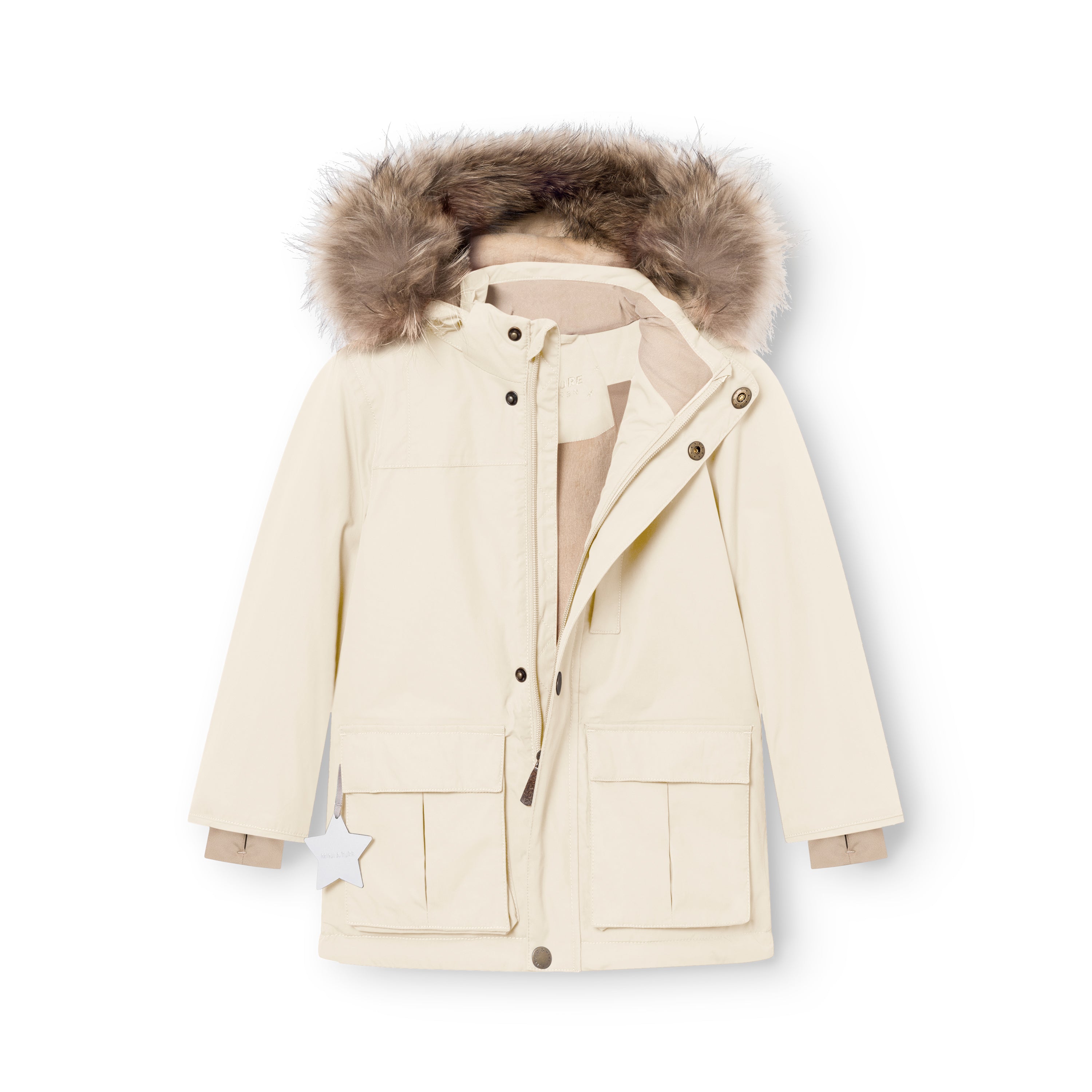 MATKASTORIO fleece lined winter jacket in cream, front view with hood up and genuine fur trim framing the opening, beige fleece lining visible at the collar and inner chest, snap button and zip closure, two utility pockets with flap covers at the lower front and a white reflective star charm attached to the right pocket.