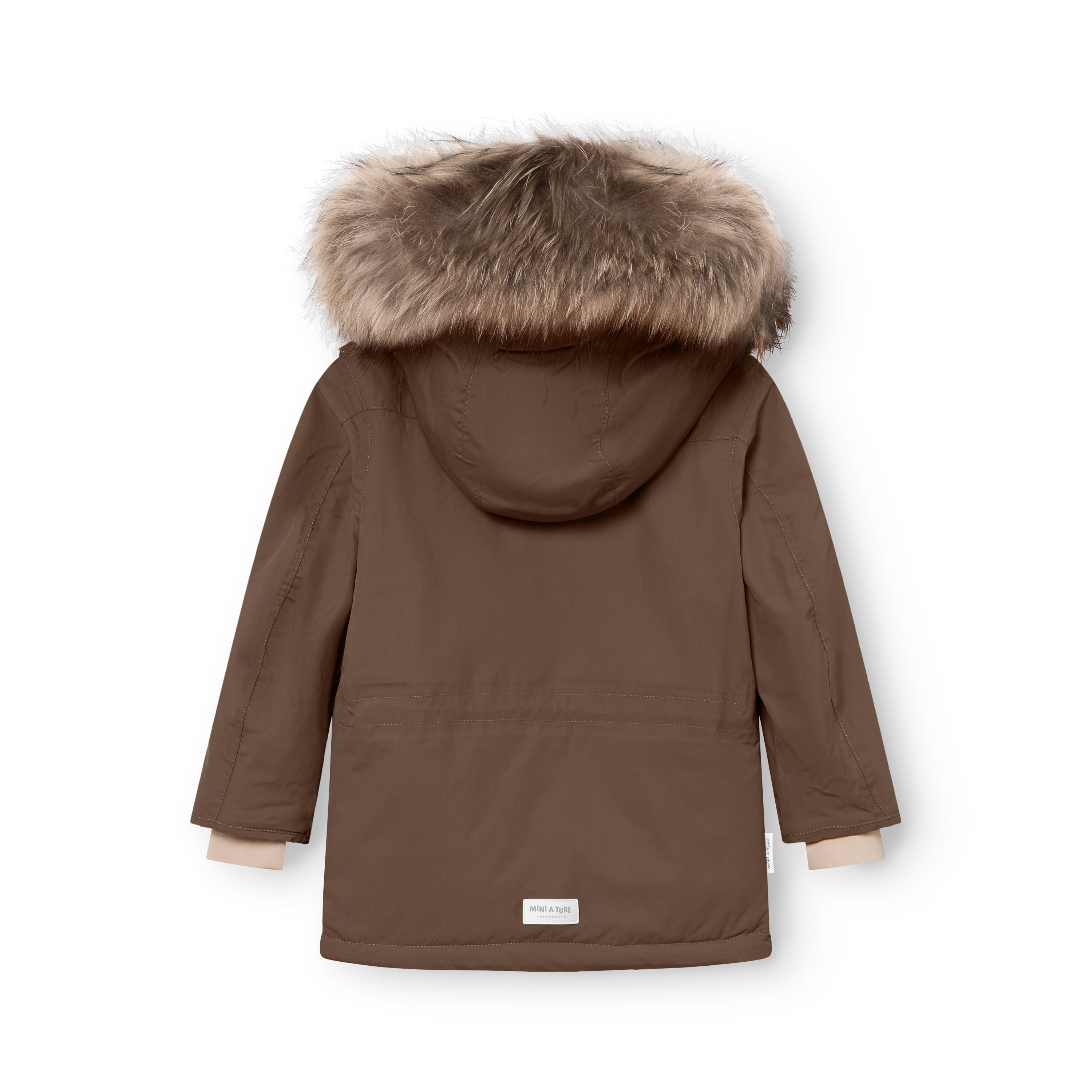 MATKASTORIO fleece lined winter jacket in warm brown, rear view showing the detachable hood with genuine fur trim, waterproof recycled polyamide shell with improved sleeve construction and MINI A TURE label at the lower back hem.