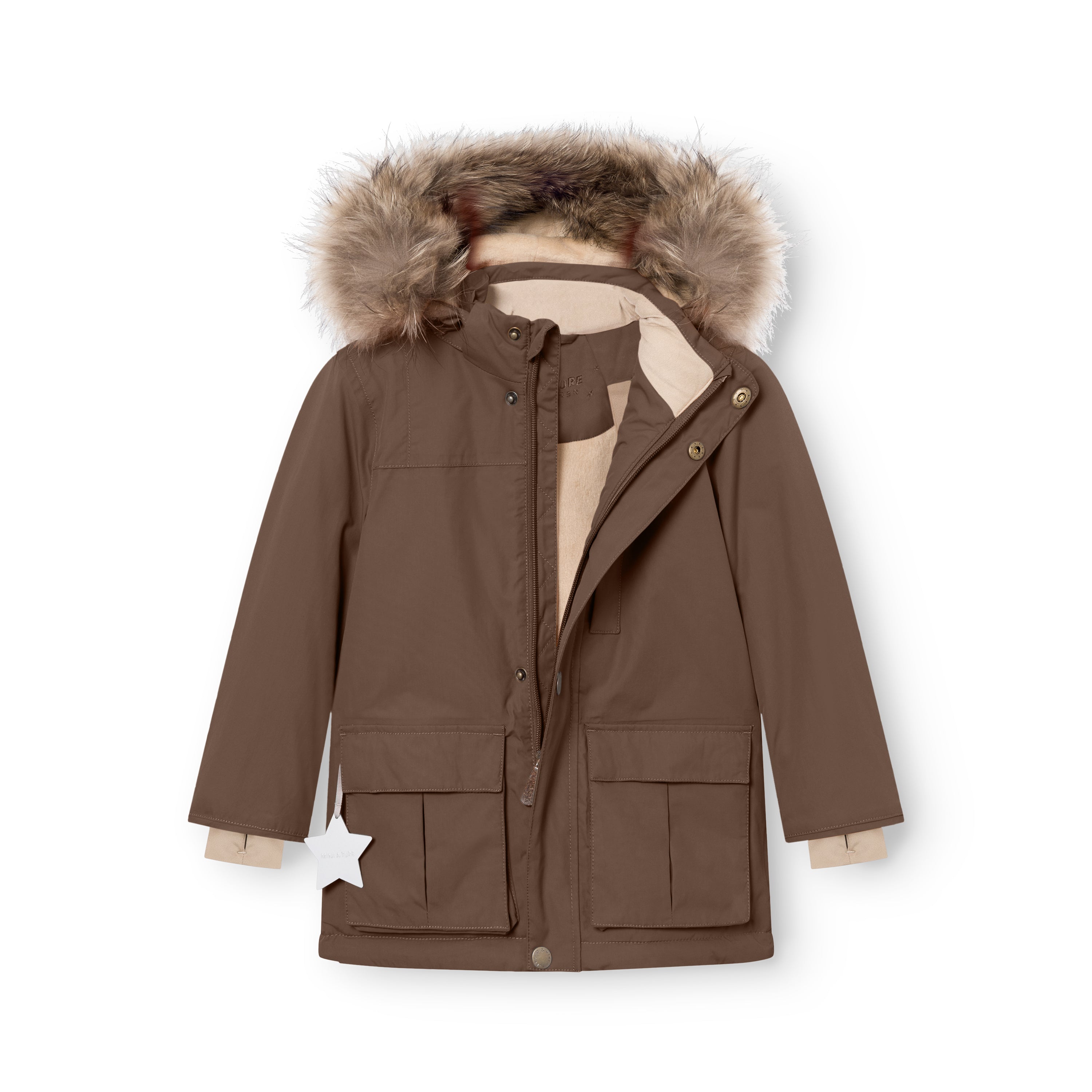 MATKASTORIO fleece lined winter jacket in warm brown, front view with hood up and genuine fur trim, beige fleece lining visible at the collar and inner chest, snap button and zip closure, two utility pockets with flap covers at the lower front and a white reflective star charm attached to the left pocket.