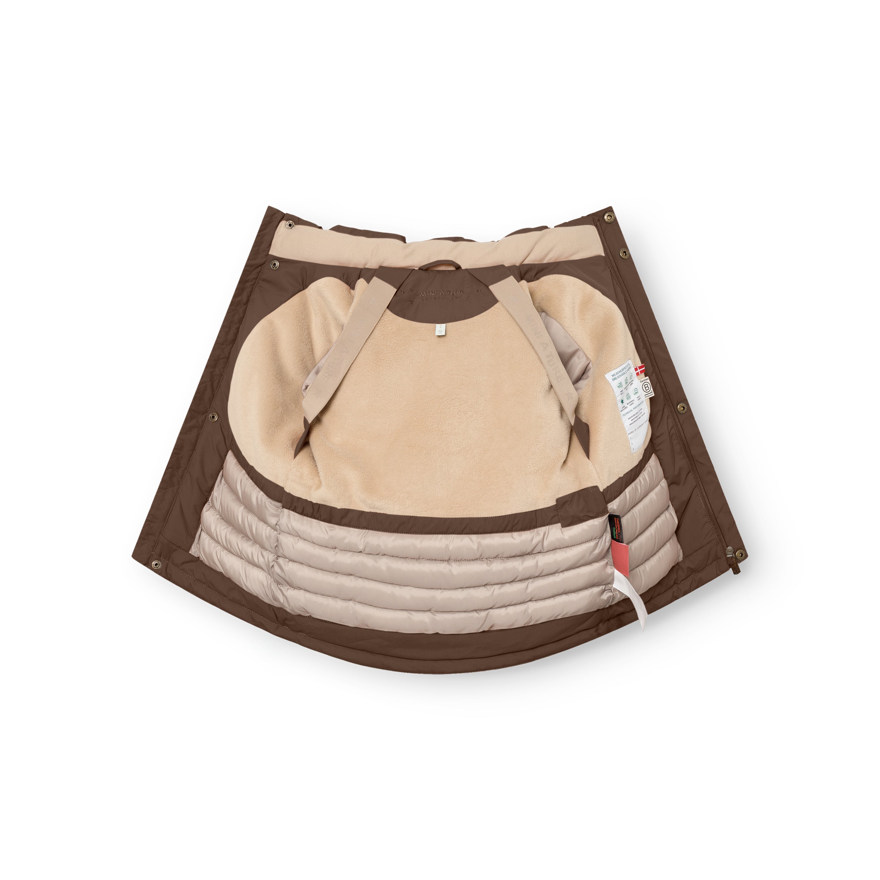 MATKASTORIO fleece lined winter jacket in warm brown, interior view laid open showing the beige fleece lining at the upper body, Sorona Aura padded lower section with horizontal quilting, internal suspenders with snap button fastenings at the shoulders and a care label visible on the right side.