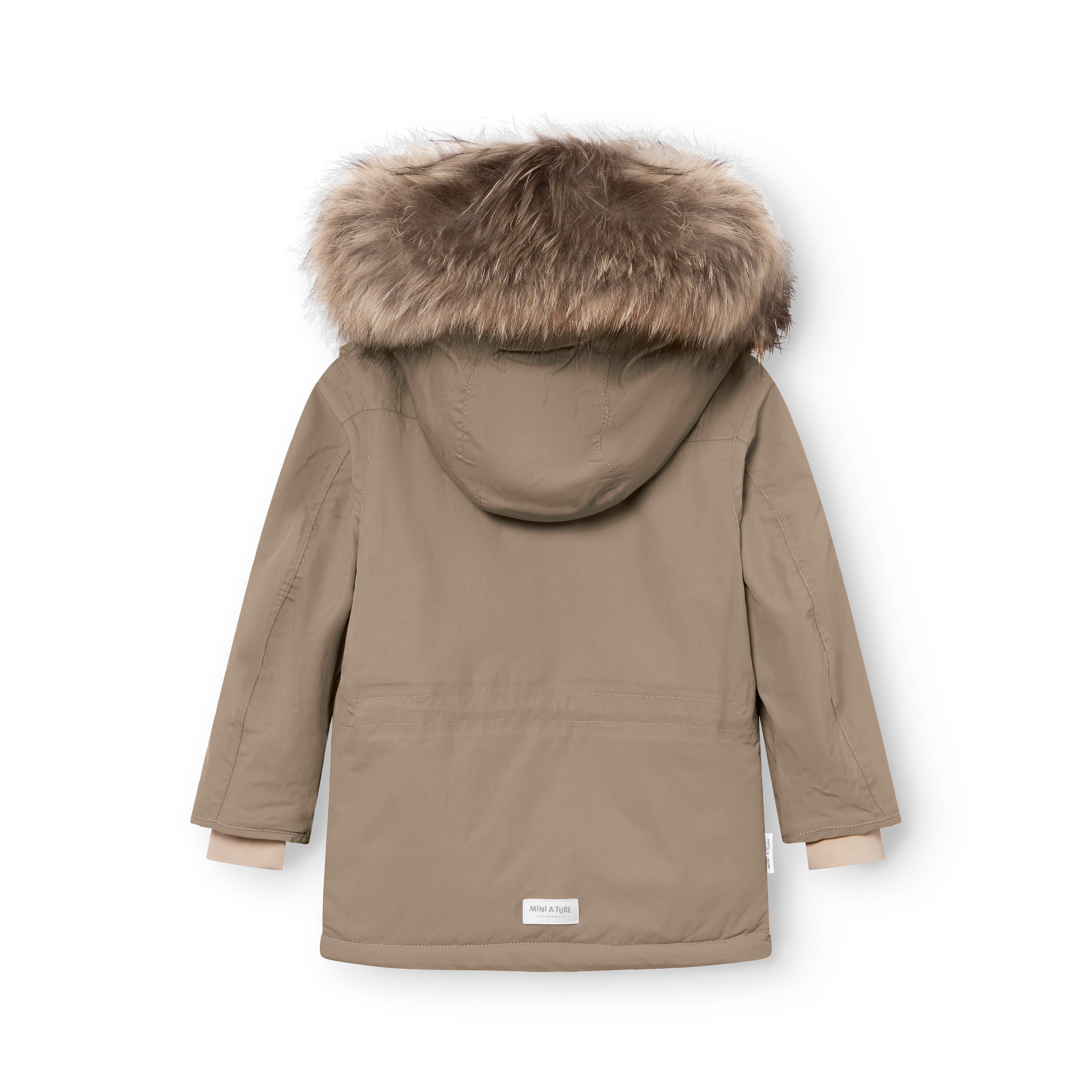 MATKASTORIO fleece lined winter jacket in beige, rear view displaying the detachable hood with genuine fur trim, improved sleeve fit, MINI A TURE label at the hem and waterproof recycled polyamide shell construction.