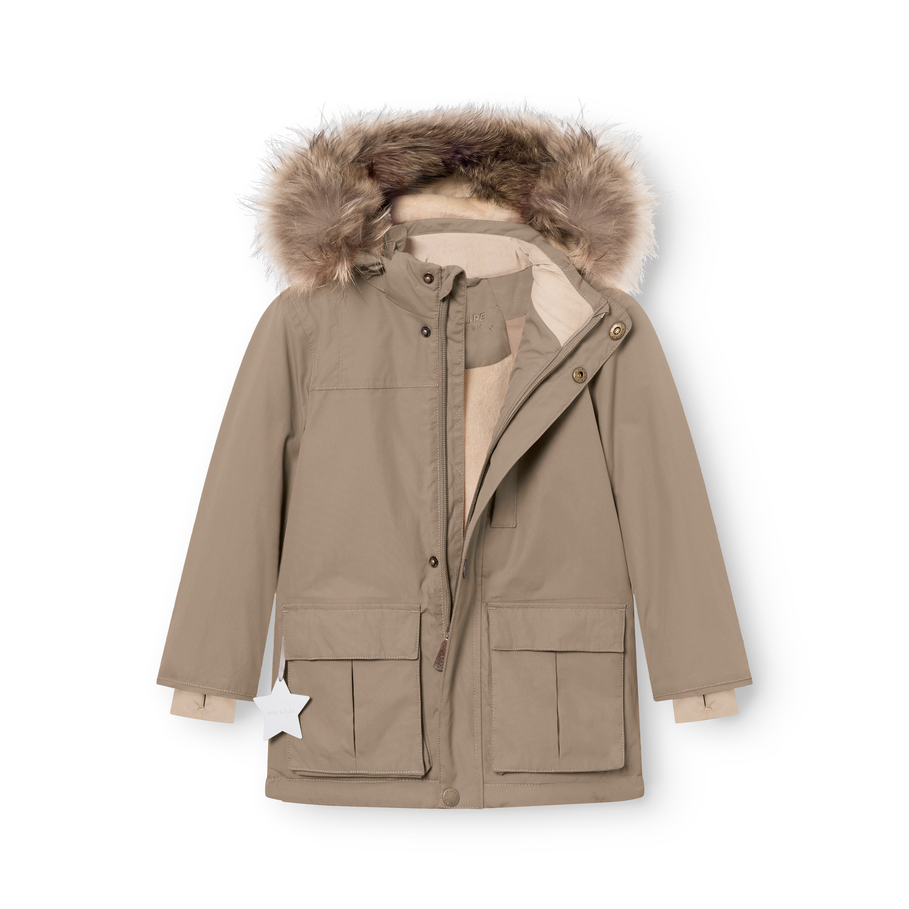 MATKASTORIO fleece lined winter jacket in beige laid flat, showing the open front with soft fleece lining visible at the upper body, detachable hood with genuine fur trim, front pockets and a reflective star detail.