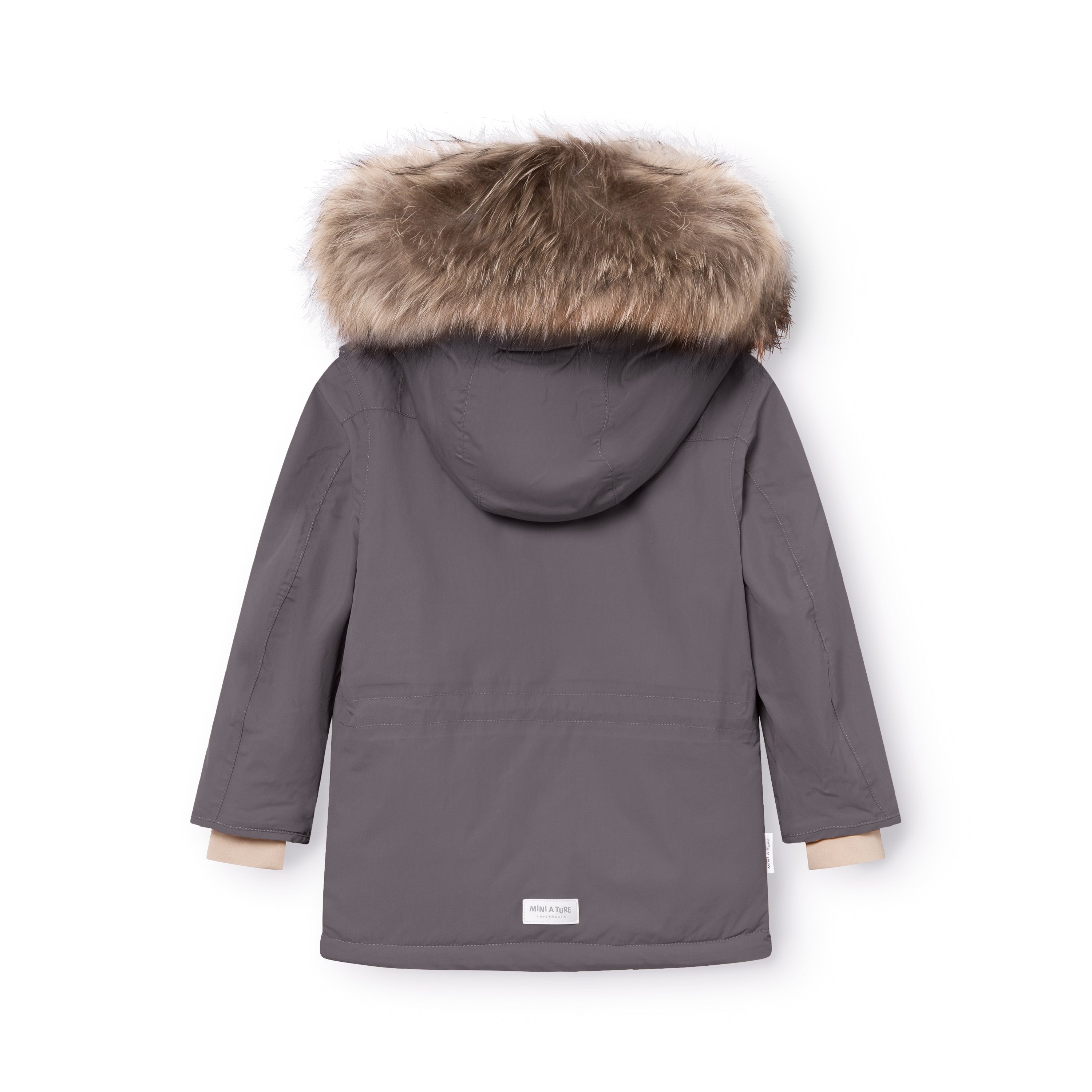 MATKASTORIO fleece lined winter jacket in grey, rear view showing the detachable hood with genuine fur trim, waterproof recycled polyamide shell, MINI A TURE label at the hem and the improved sleeve construction designed for natural arm movement.