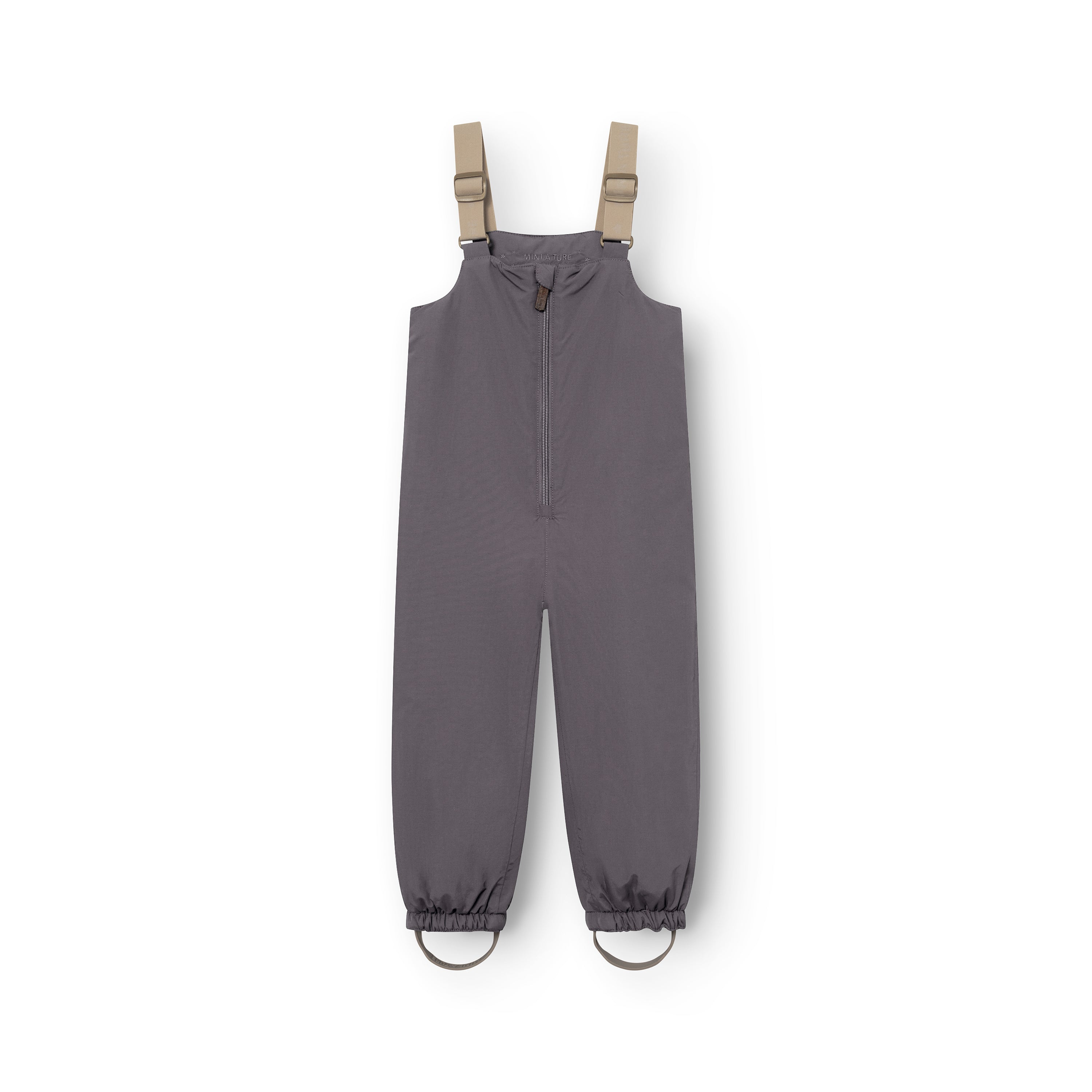 MATWALENTEX snow pants in charcoal grey displayed flat from the front, featuring beige adjustable suspenders, a full-length centre zip, elasticated ankle cuffs and grey foot straps on a white background.