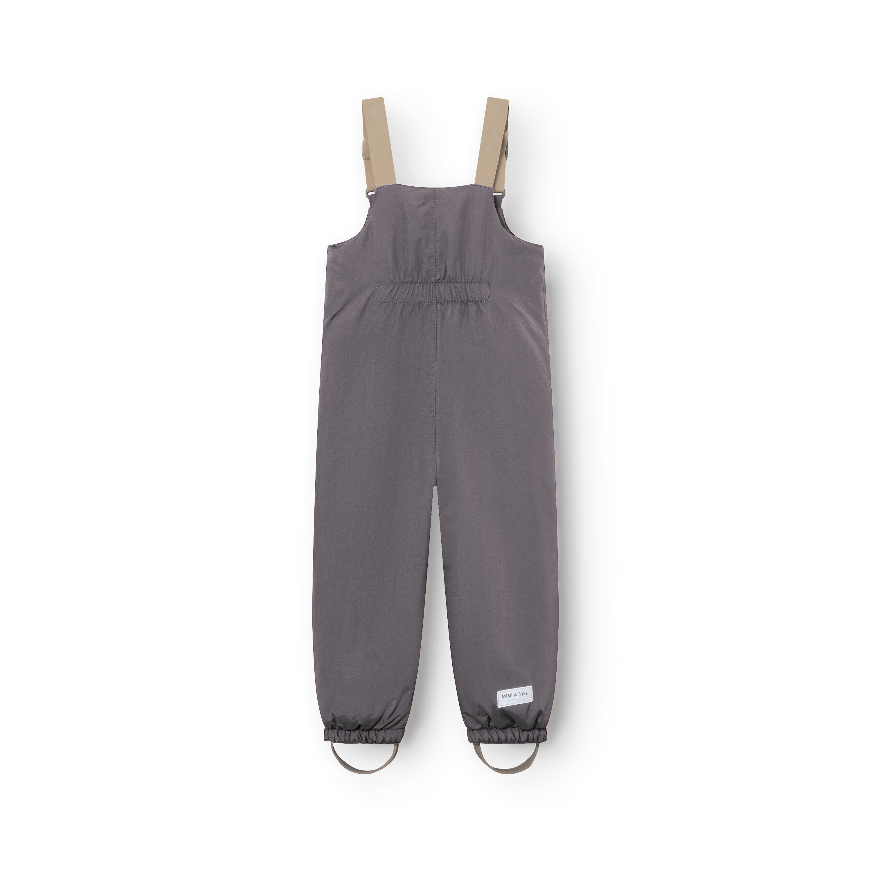 MATWALENTEX snow pants in charcoal grey viewed from the rear, displaying the elasticated waistband, beige adjustable suspenders, dropped crotch construction, elasticated ankle cuffs and grey foot straps on a white background.