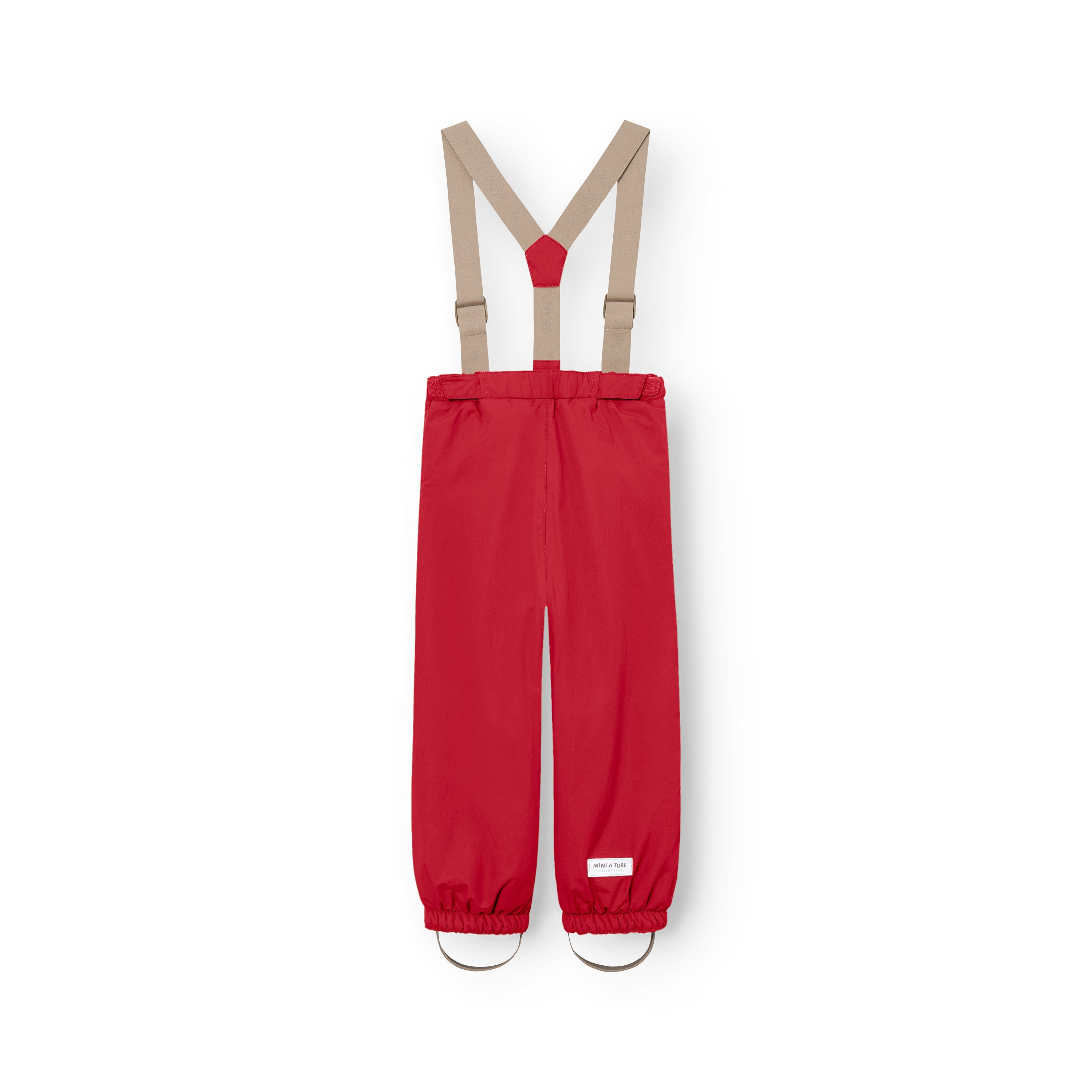 MATWILAS snow pants in bright red with beige adjustable braces, elasticated waistband and ankle cuffs with removable foot straps, displayed flat against a white background.