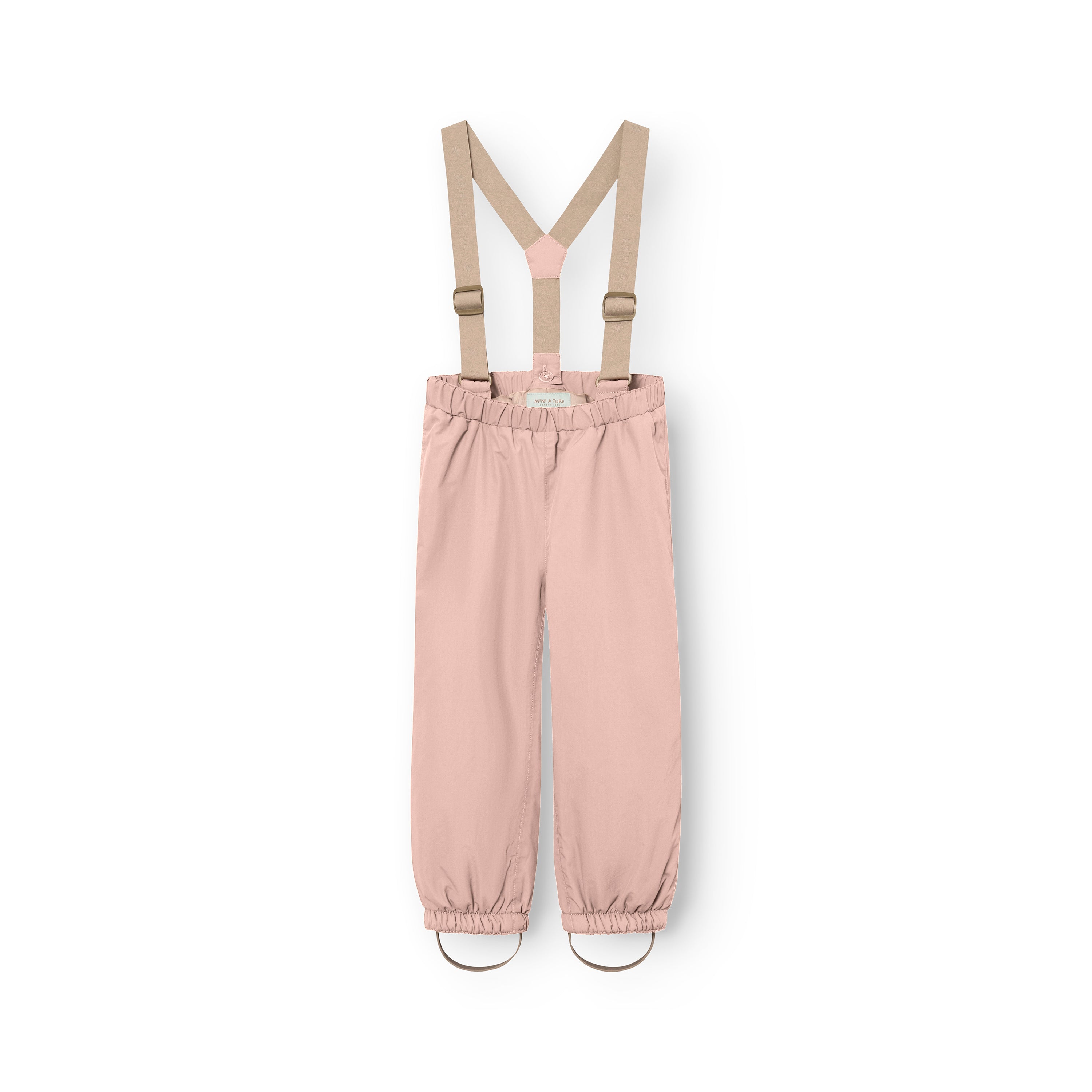 MATWILAS snow pants in soft pink with adjustable beige braces and elasticated ankle cuffs featuring removable foot straps, shown flat on a white background.