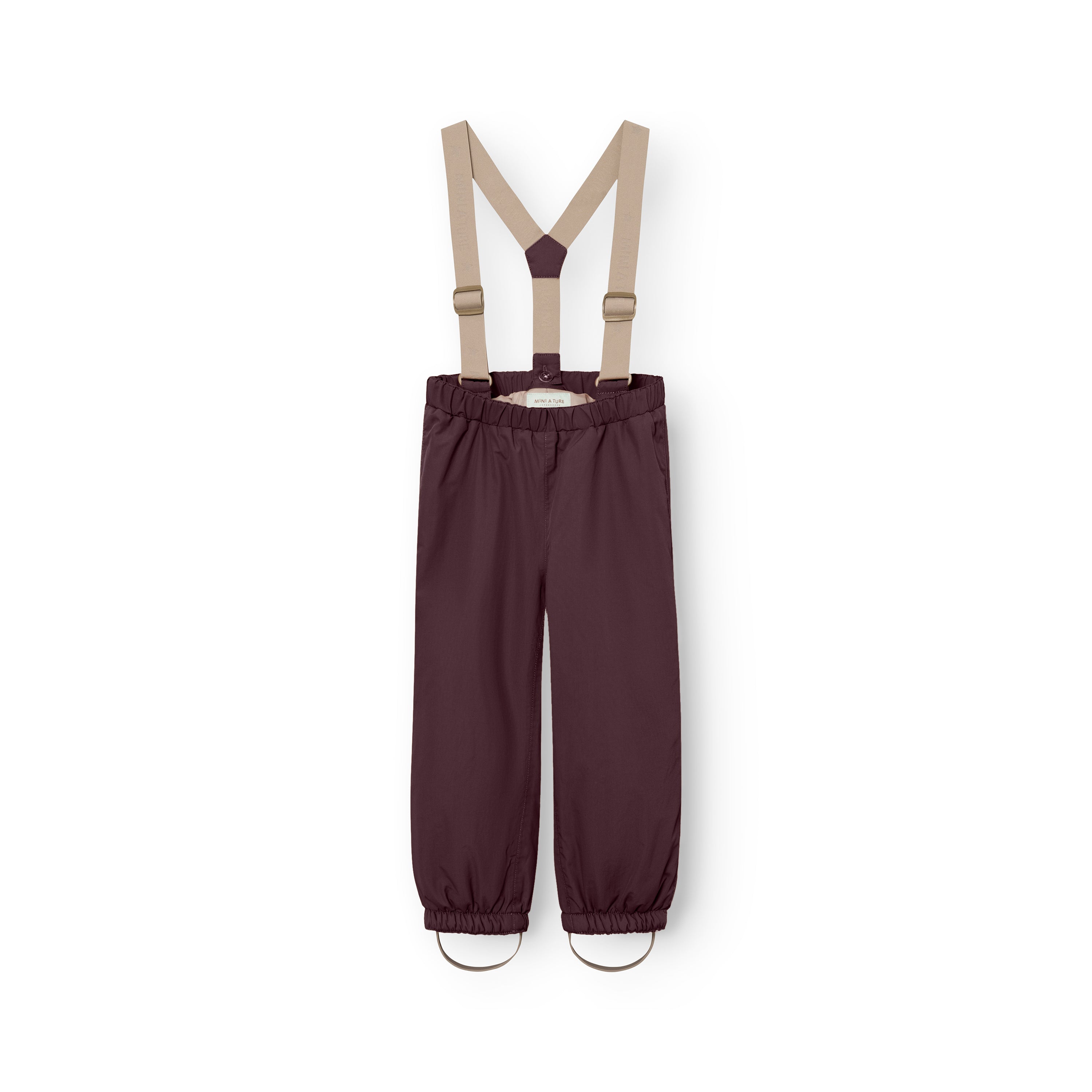 MATWILAS snow pants in deep plum with beige adjustable braces and elasticated ankle cuffs featuring removable foot straps, laid flat on a white background.