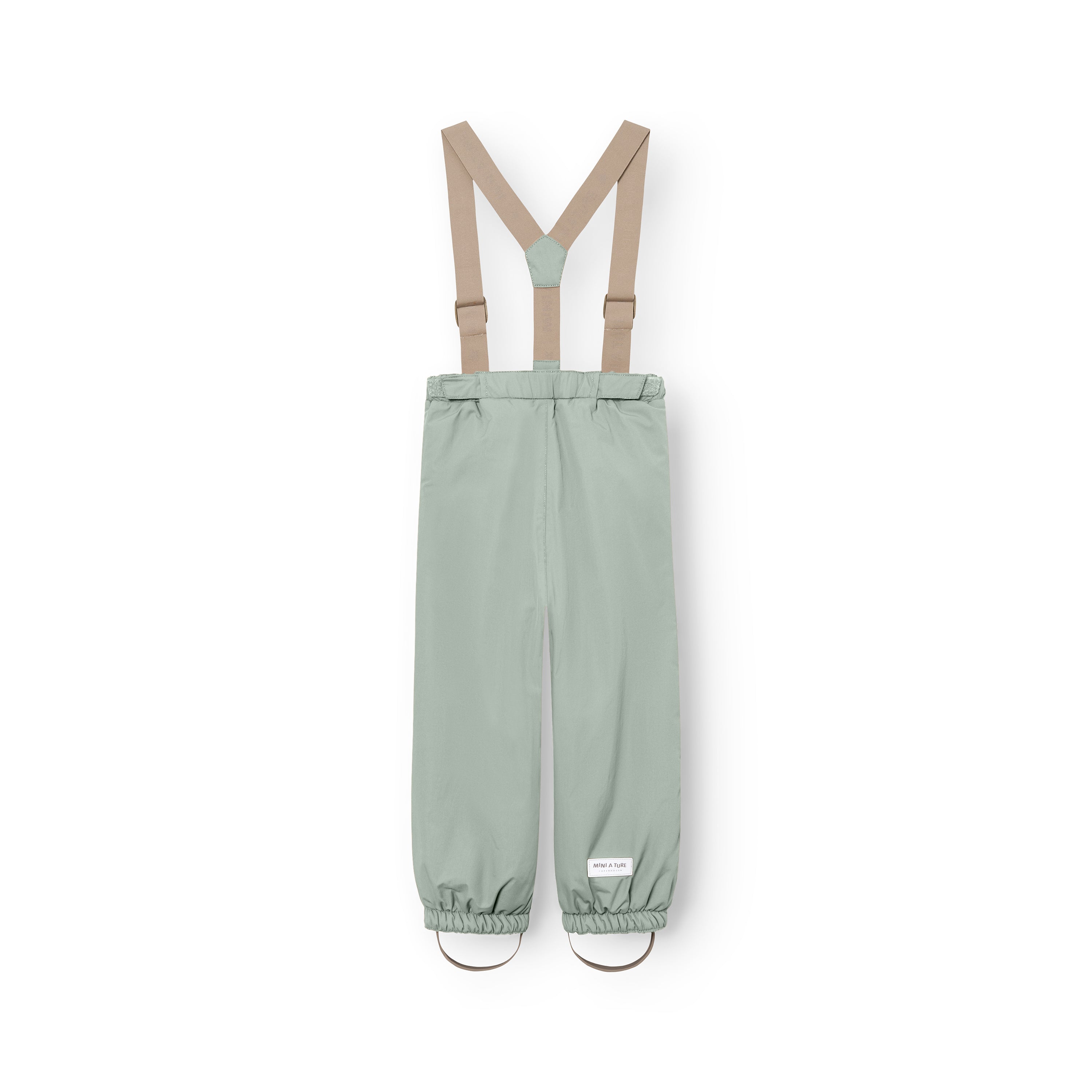 MATWILAS snow pants in muted sage with adjustable beige braces and elasticated ankle cuffs with removable foot straps, displayed flat on a white background.