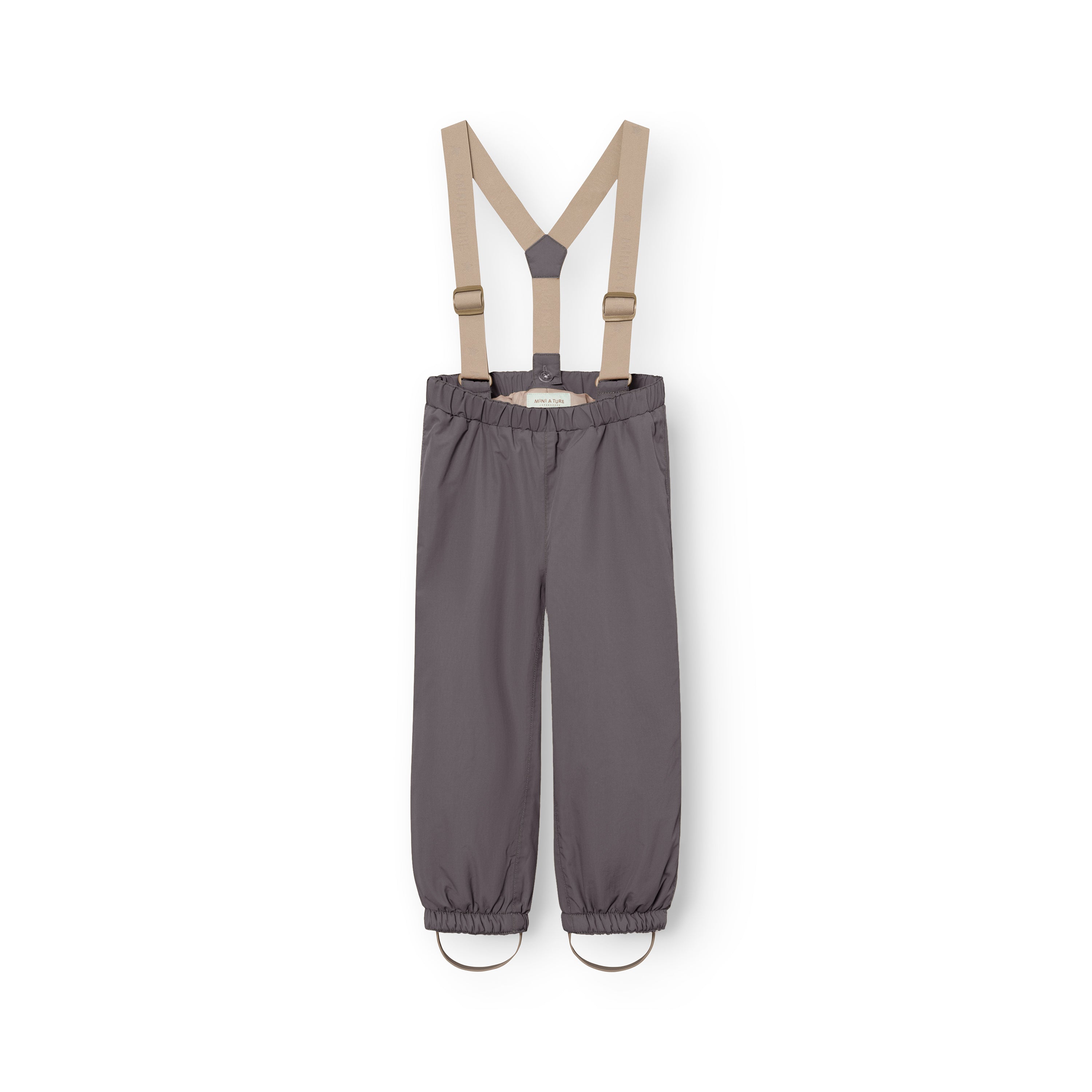 MATWILAS snow pants in charcoal grey with beige adjustable braces, elasticated waistband and ankle cuffs with removable foot straps, displayed flat from the front on a white background.