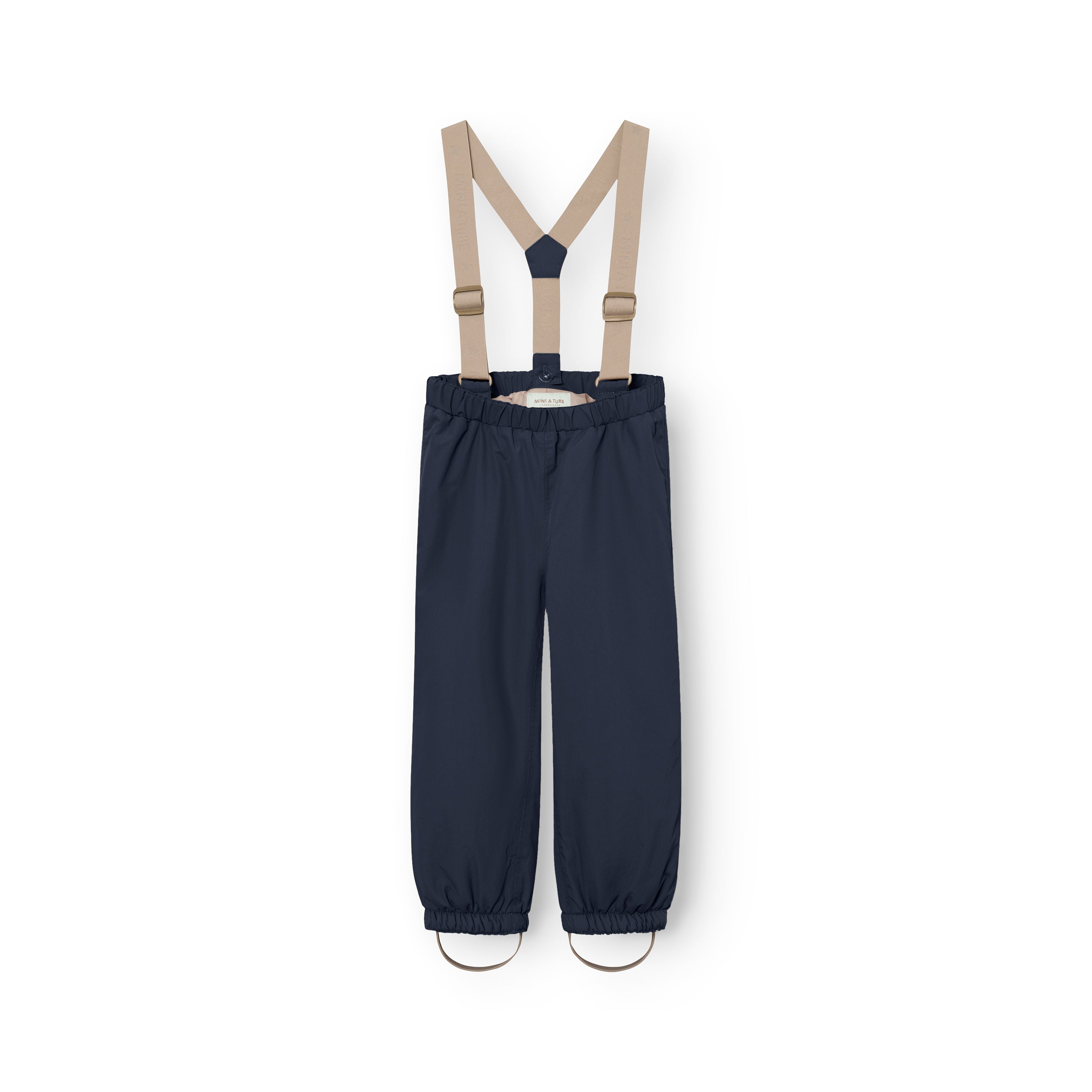 MATWILAS snow pants in navy blue with beige adjustable cross-back braces, elasticated waistband and ankle cuffs with removable foot straps, displayed flat on a white background.