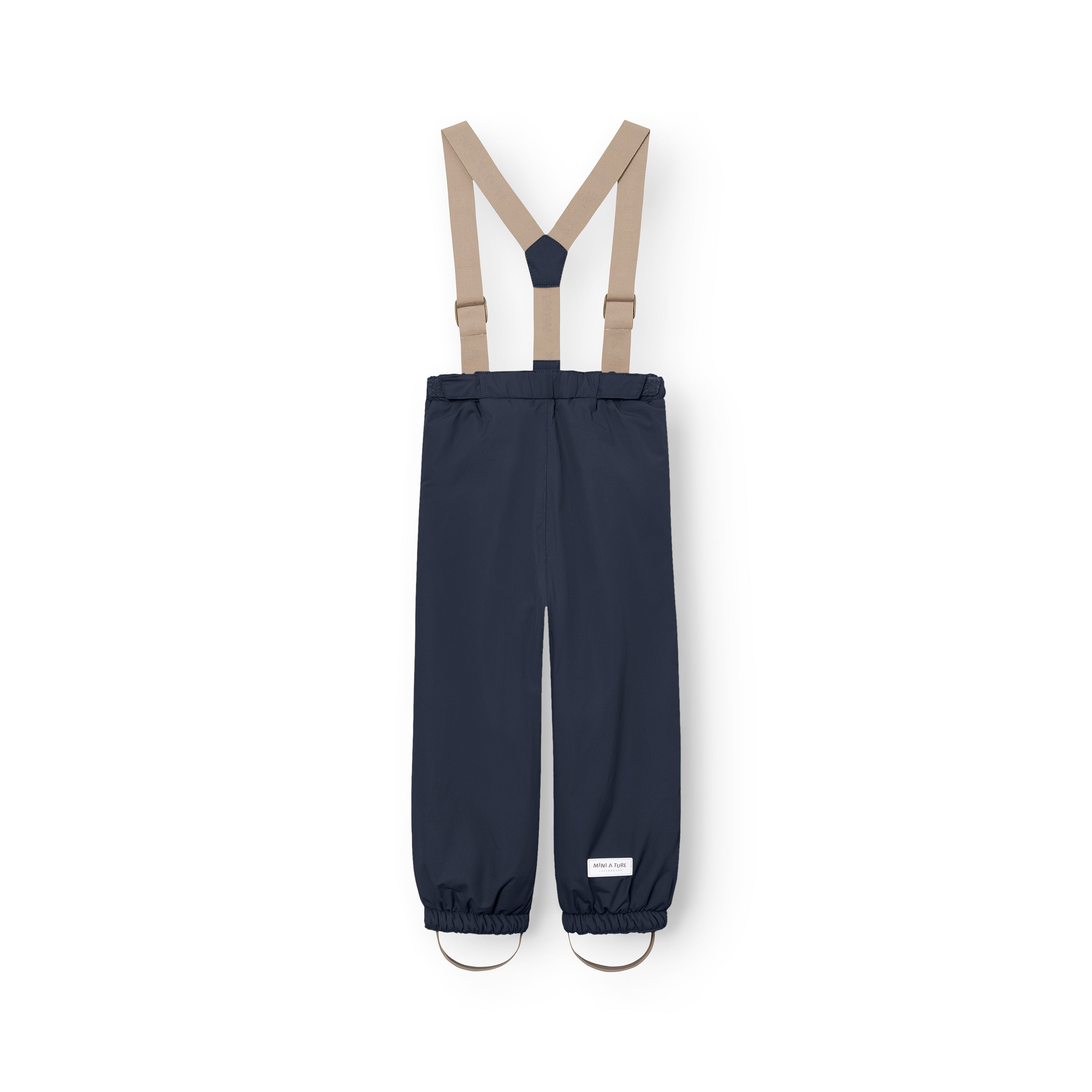 MATWILAS snow pants in navy blue with beige detachable braces, elasticated waist and ankle cuffs with removable foot straps, photographed flat from the front on a white background.