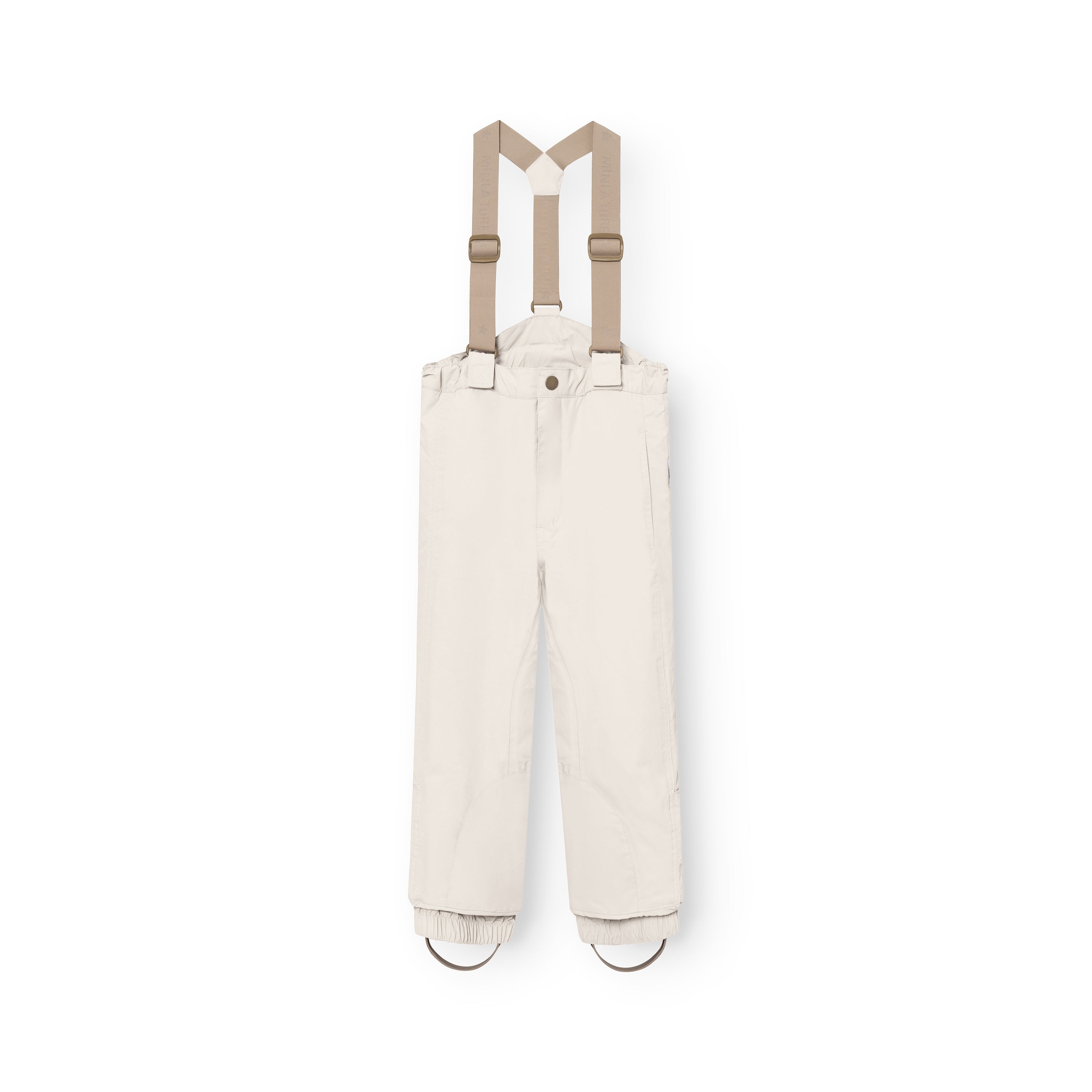 MATWITTE snow pants in cream displayed flat from the front with removable beige elastic suspenders attached, showing the snap-button waist closure, elasticated ankle cuffs with foot straps and the waterproof THERMOLITE-insulated construction designed for skiing and winter outdoor use.