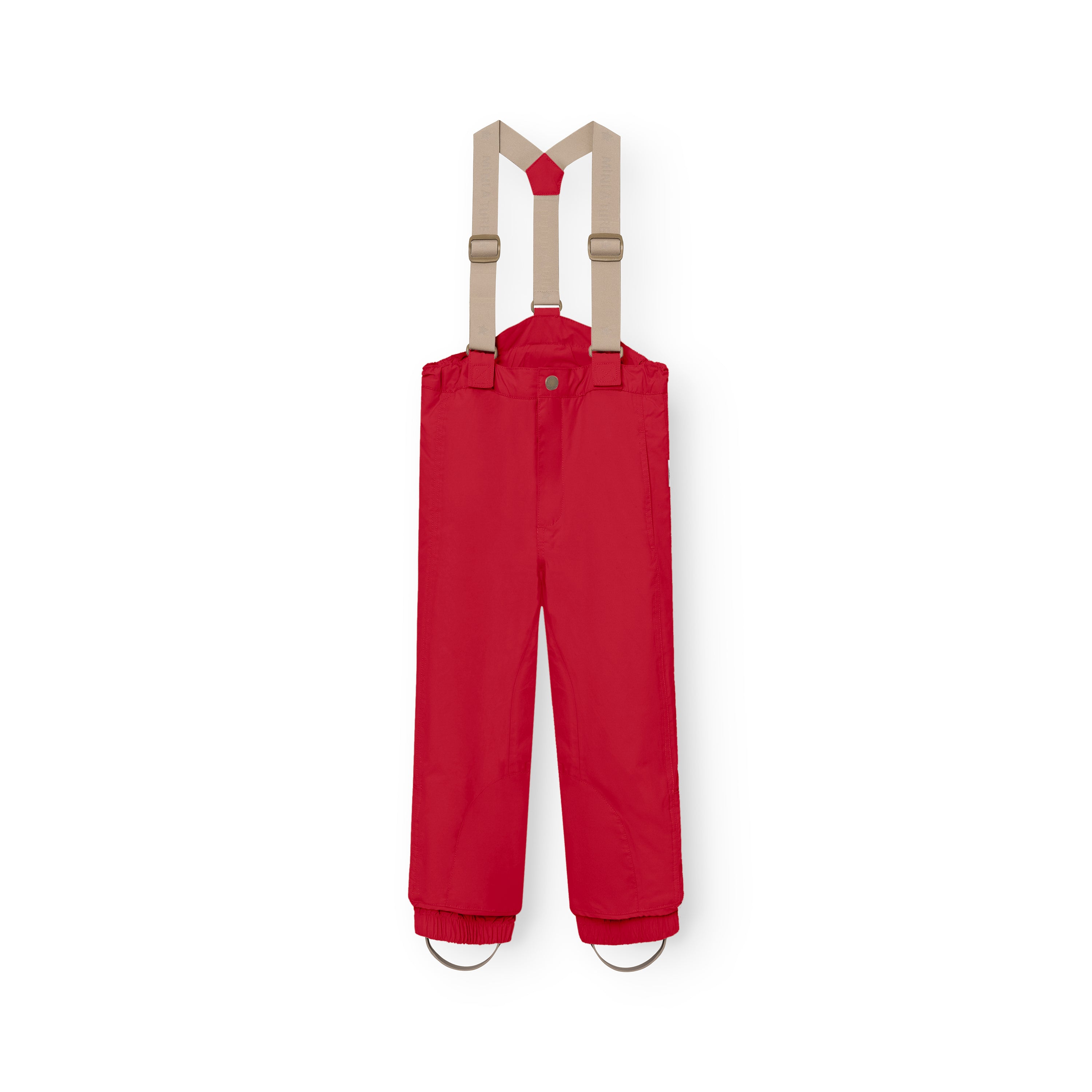 MATWITTE snow pants in bright red displayed flat from the front with removable beige elastic suspenders attached, showing the snap-button waist closure, elasticated ankle cuffs with foot straps and the waterproof THERMOLITE-insulated construction designed for skiing and winter outdoor use.