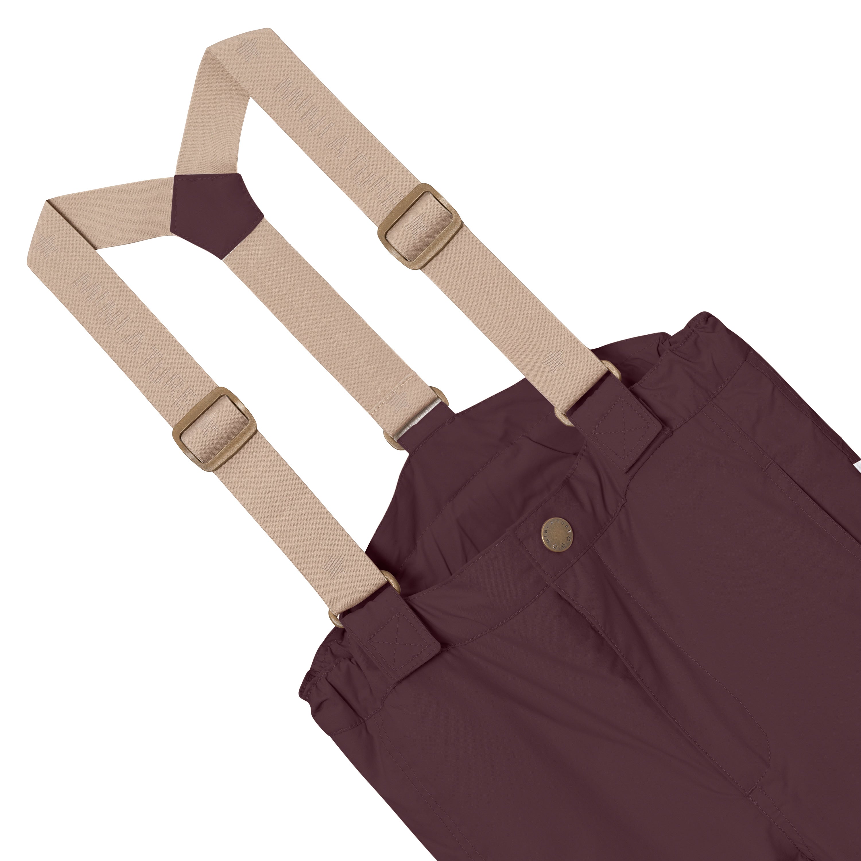 MATWITTE snow pants in deep burgundy showing the front waistband detail with snap-button closure, elasticated waist and the removable beige elastic suspenders with metal slider adjusters crossing over the back and attaching through fabric loops at the front.