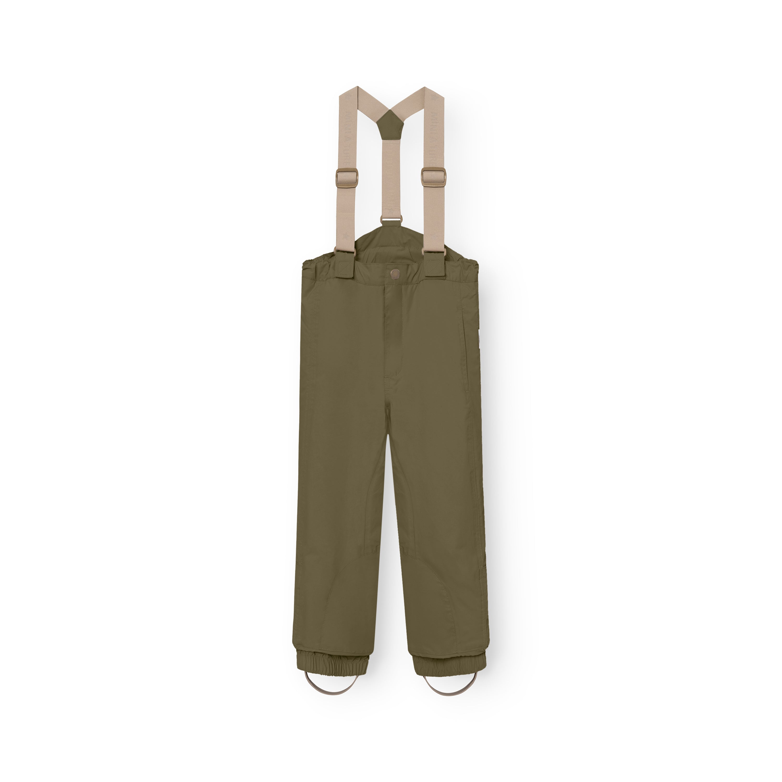 MATWITTE snow pants in olive green displayed flat from the front with removable beige elastic suspenders attached, showing the snap-button waist closure, elasticated ankle cuffs with foot straps and the waterproof THERMOLITE-insulated construction designed for skiing and winter outdoor use.