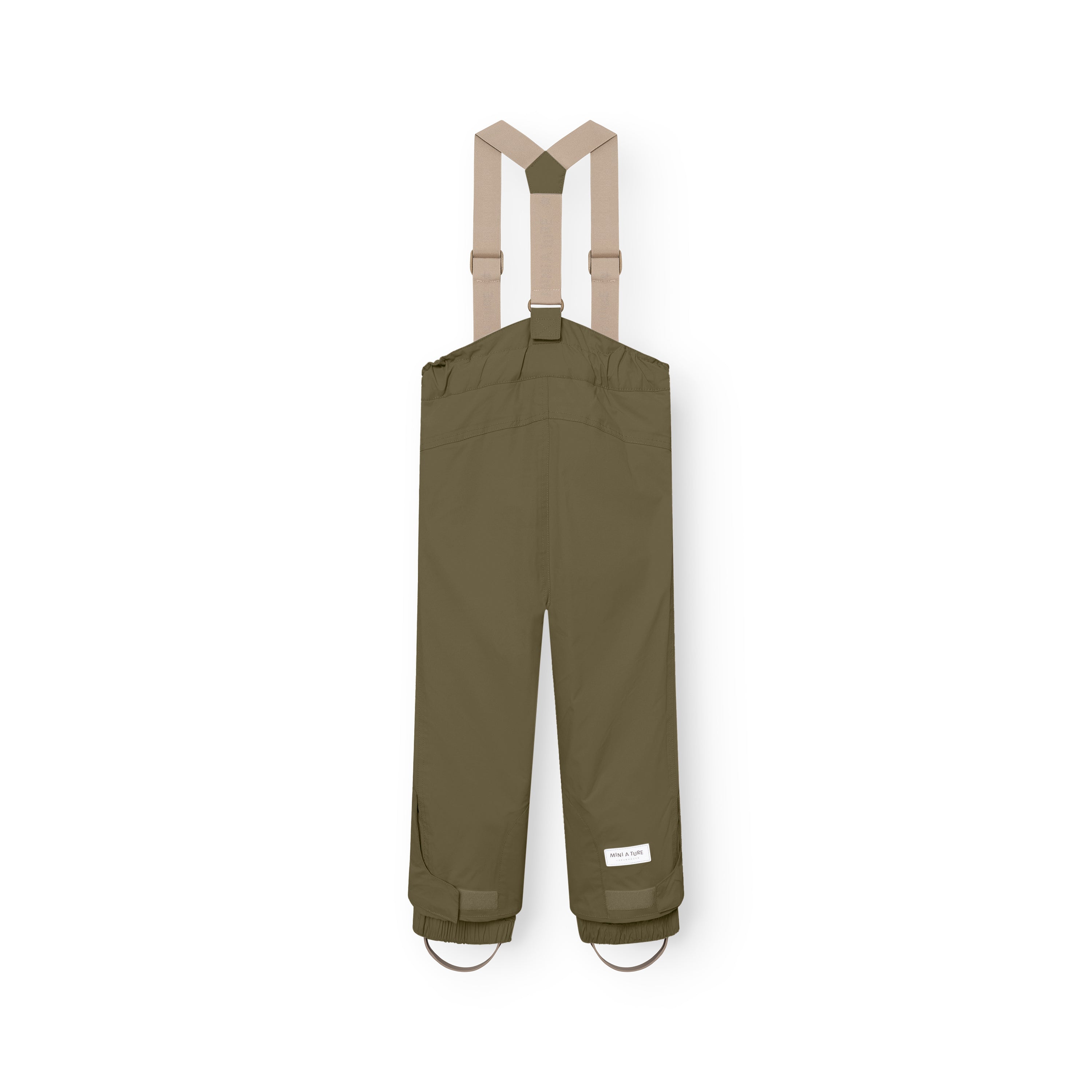 MATWITTE snow pants in olive green viewed from the front, showing the removable beige elastic suspenders with metal slider adjusters, elasticated waistband with snap-button closure, and elasticated ankle cuffs with integrated foot straps.