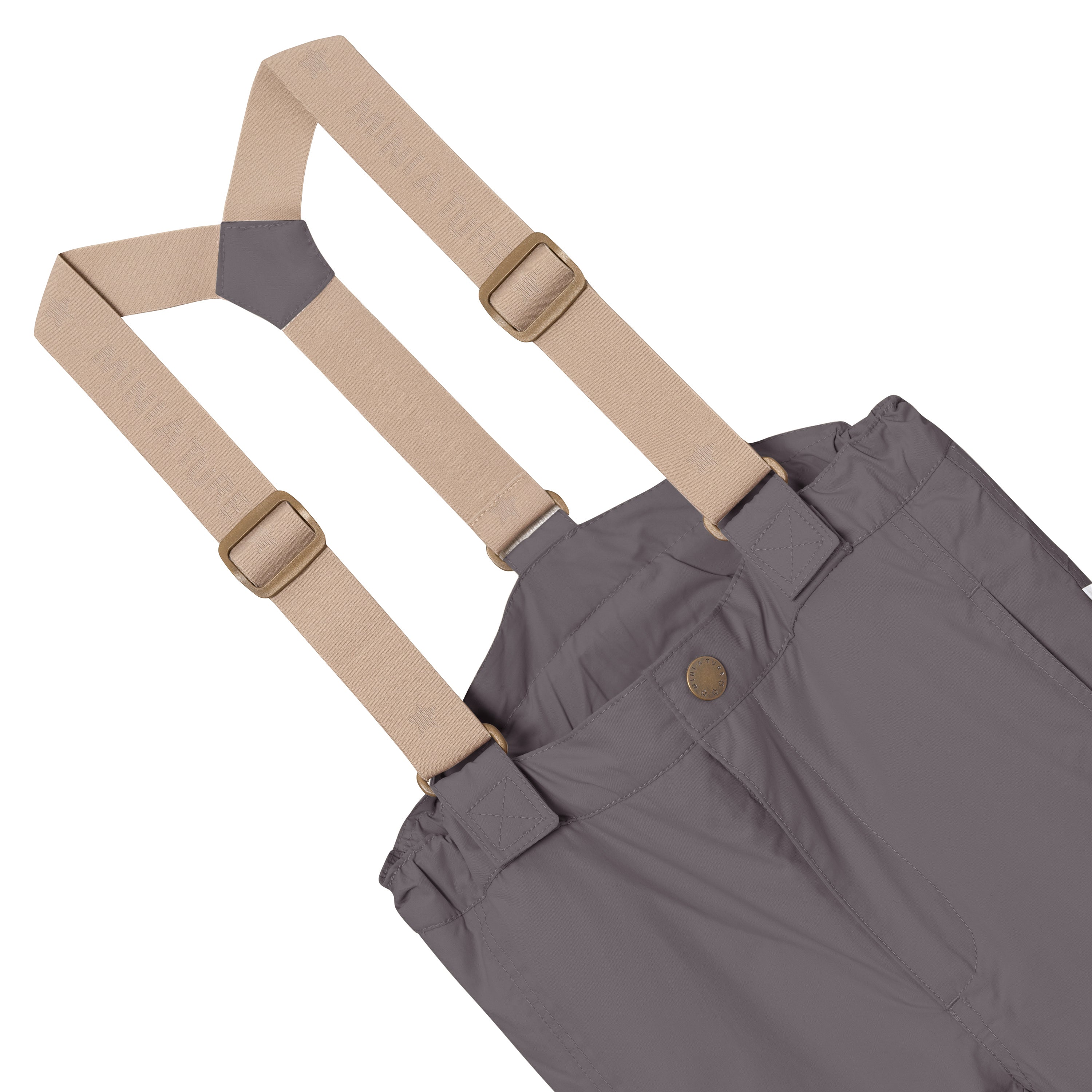 MATWITTE snow pants in charcoal grey showing the adjustable beige elastic suspenders with metal sliders attached to the front waistband, snap-button closure and elasticated waist detail.