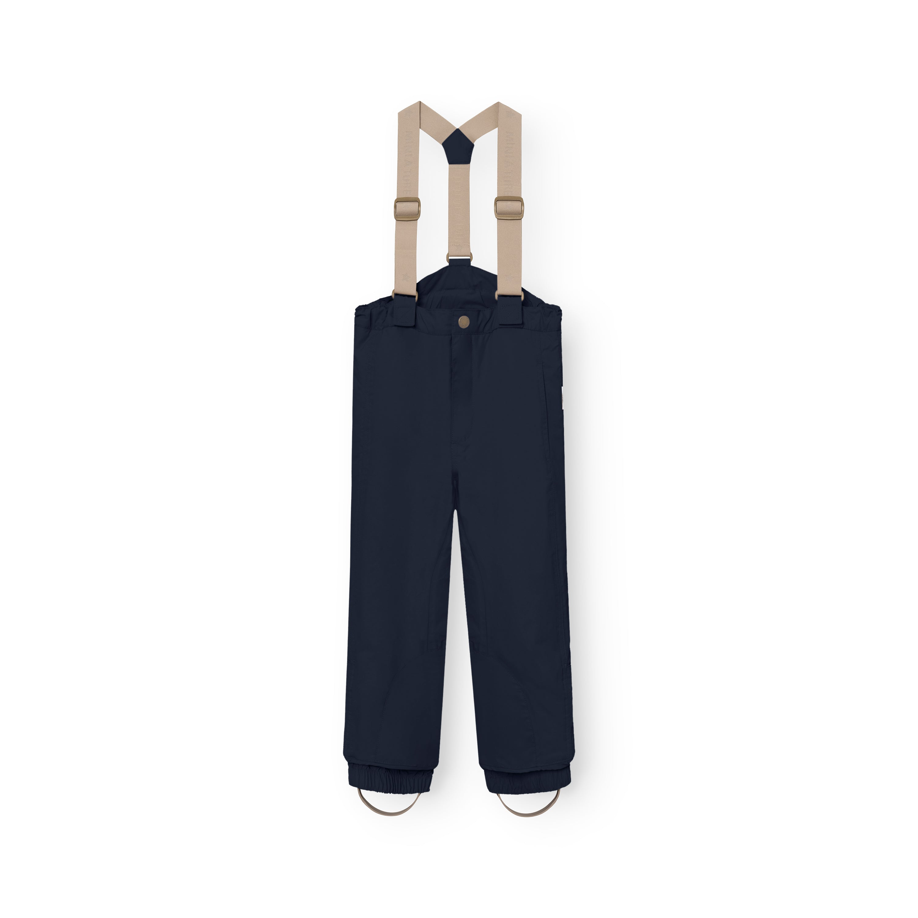 MATWITTE snow pants in navy blue displayed flat from the front with removable beige elastic suspenders attached, showing the snap-button waist closure, elasticated ankle cuffs with foot straps and the waterproof THERMOLITE-insulated construction designed for skiing and winter outdoor use.