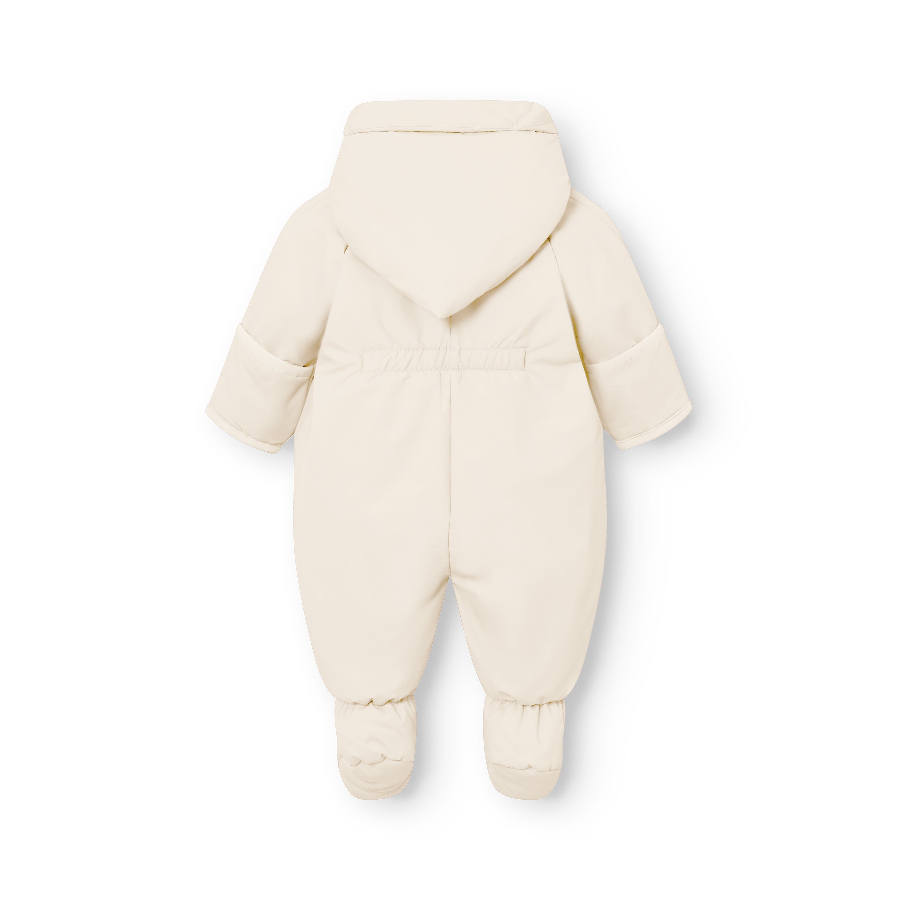 MATFIANNA fleece lined winter pramsuit in cream, photographed from the back to show the shawl-collar hood, elasticated waist seam, THERMOLITE padded sleeves and legs, and built-in socks with gathered ankle cuffs.