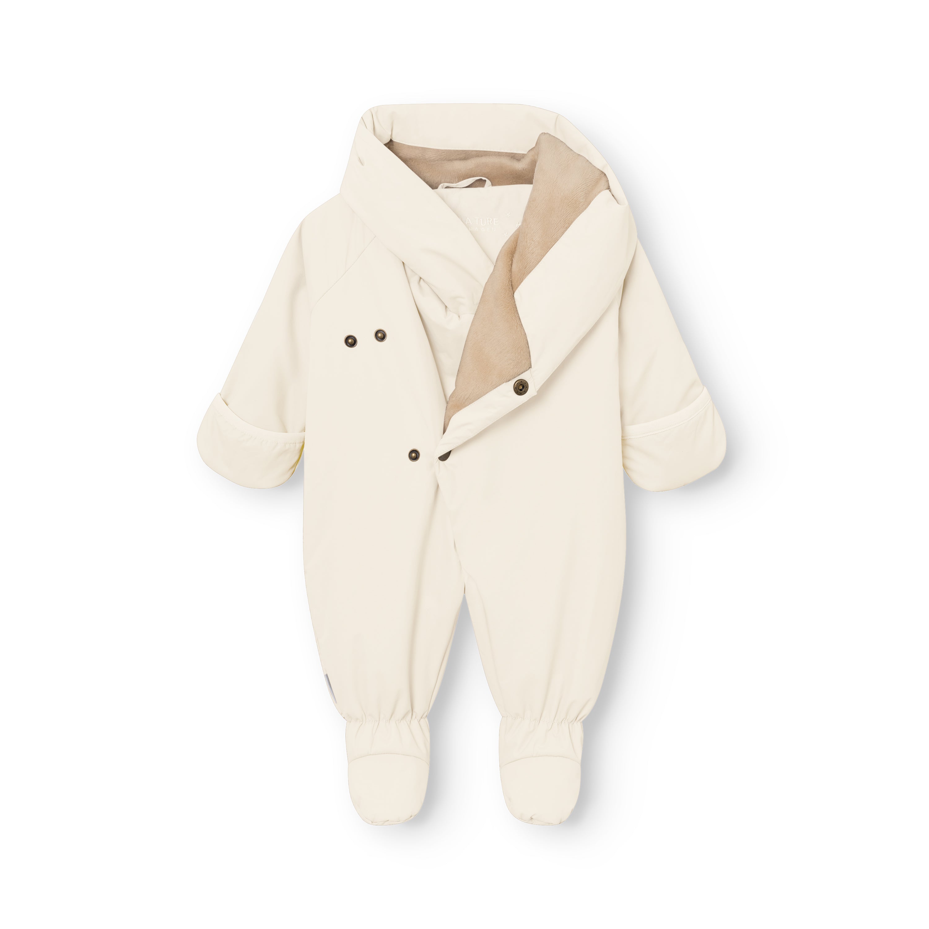 MATFIANNA fleece lined winter pramsuit in cream, shown flat with the diagonal snap-button opening partially unfastened to reveal the soft beige fleece lining, fold-over mittens and built-in socks with elasticated cuffs.