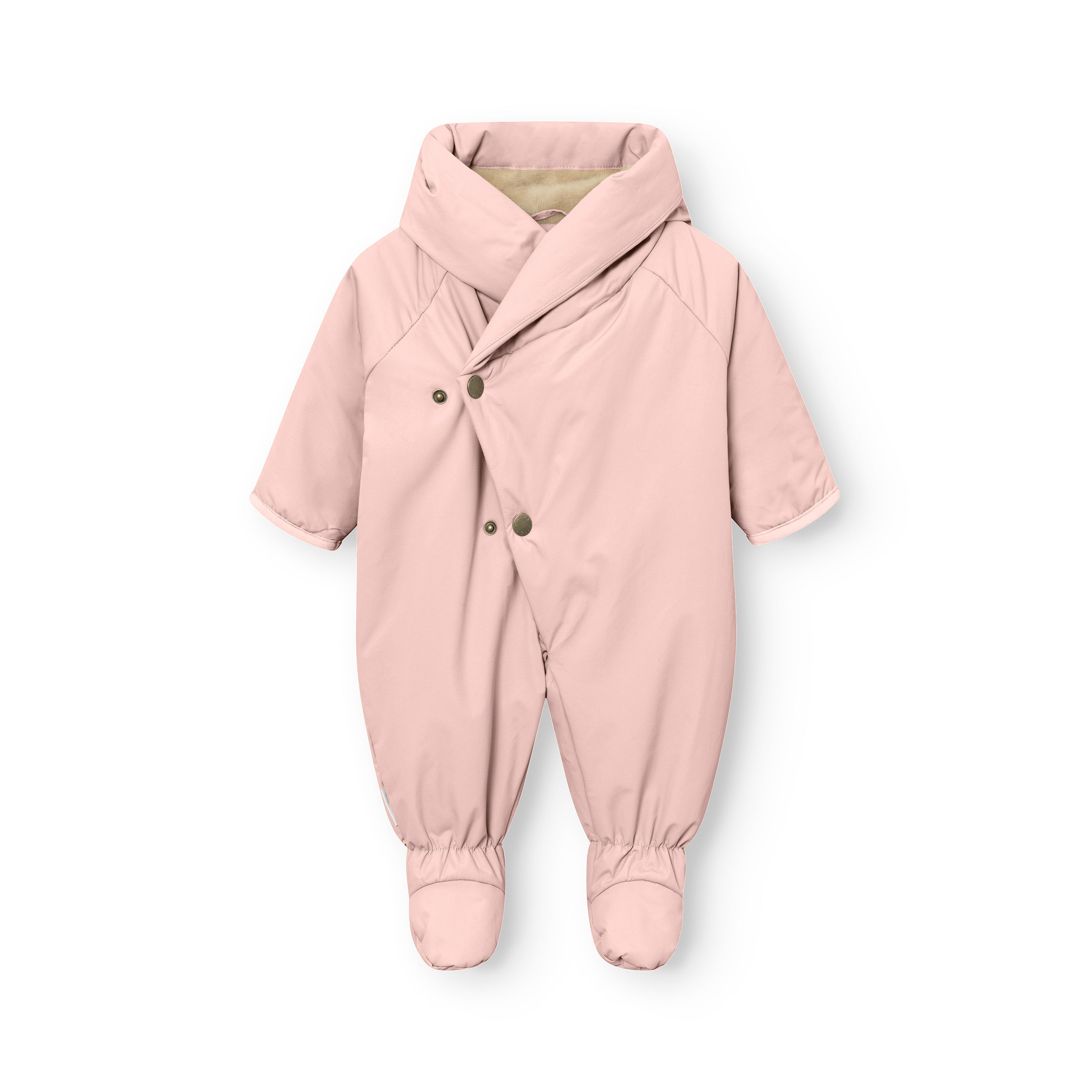 MATFIANNA fleece lined winter pramsuit in soft pink, laid flat to show the shawl-collar hood, diagonal snap-button closure, THERMOLITE padded sleeves and legs, and built-in socks with elasticated ankle cuffs.