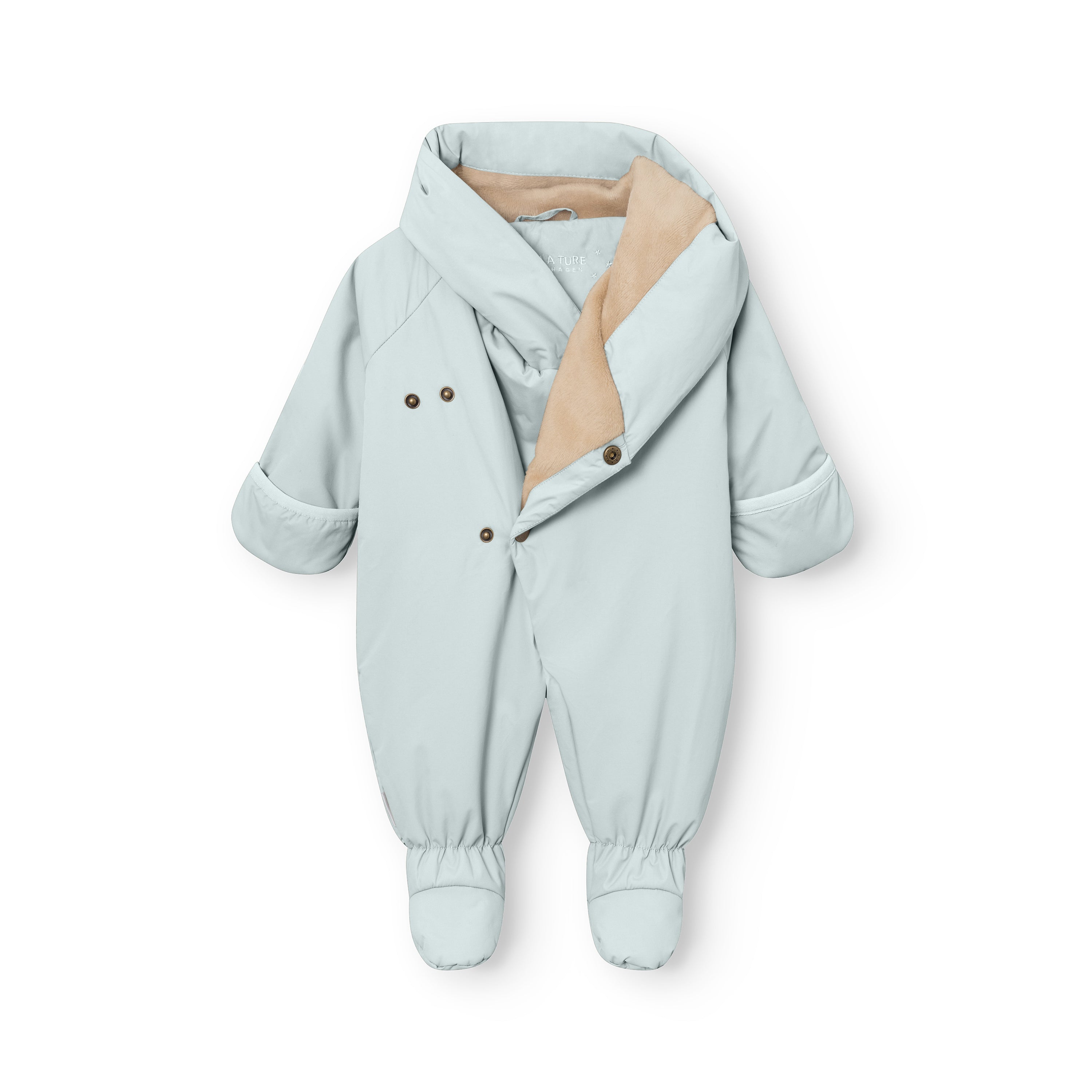 MATFIANNA fleece lined winter pramsuit in pale blue, displayed flat to show the diagonal snap-button fastening with contrasting beige inner lining visible at the collar, fold-over mittens at the cuffs and integrated socks with elasticated ankle detail.