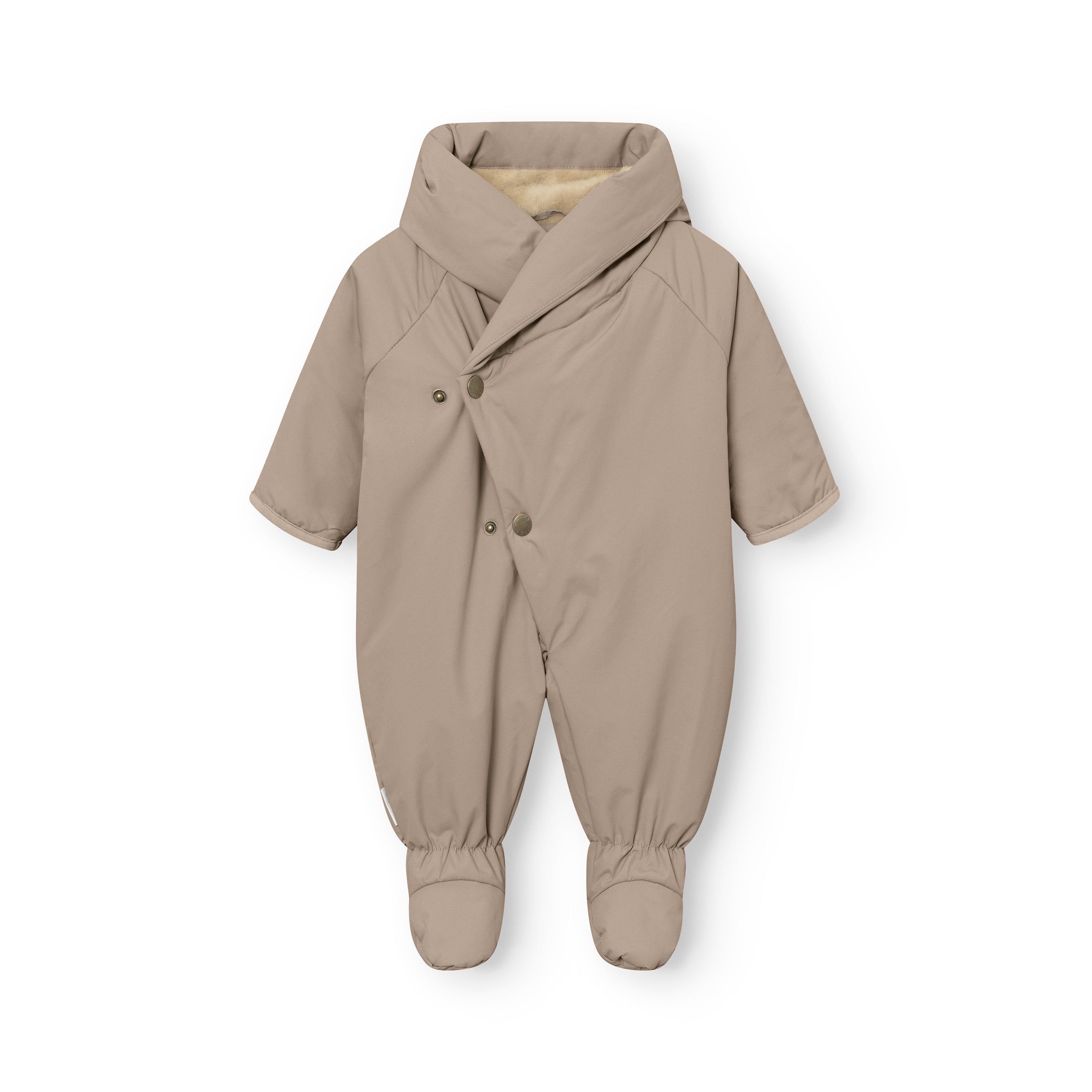 MATFIANNA fleece lined winter pramsuit laid flat, showing the diagonal snap-button opening, shawl-collar hood, integrated socks and waterproof recycled polyamide shell in taupe grey.